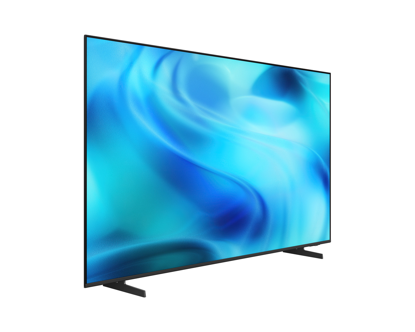 Ein moderner Fernseher mit einem blauen, fließenden Muster auf dem Bildschirm, auf schwarzem Ständer.