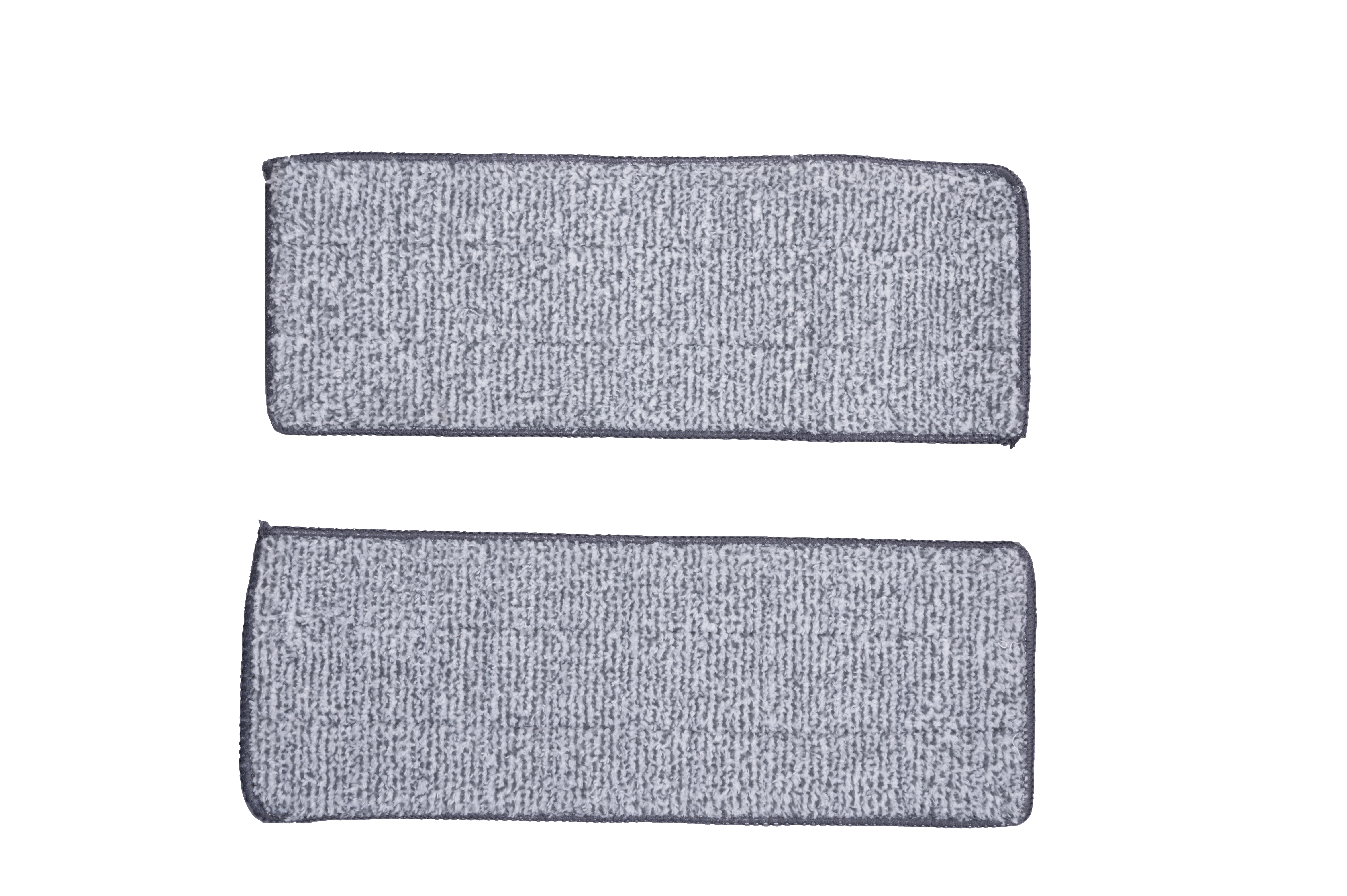 Twee grijze microvezel dweilpads naast elkaar op witte achtergrond.