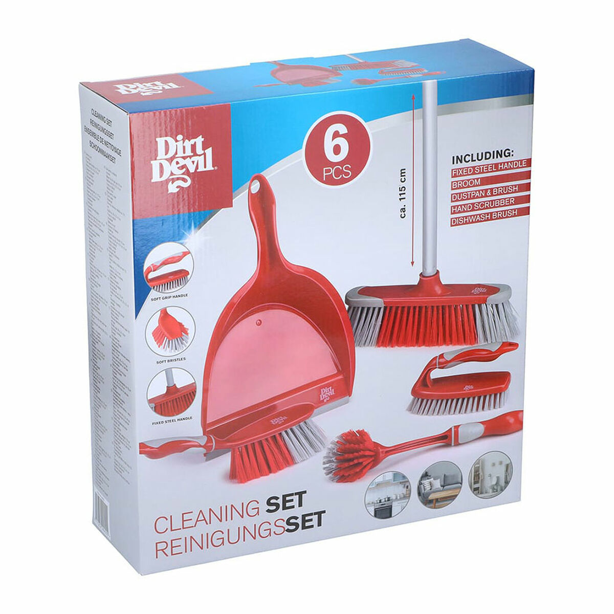 Verpakking van een Dirt Devil 6-delige schoonmaakset met bezem, stoffer en borstels.
