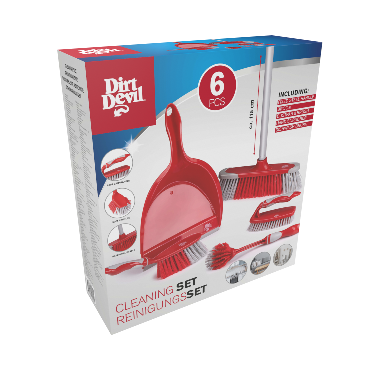 Doos van een rode Dirt Devil schoonmaakset met bezem, stoffer en borstels.