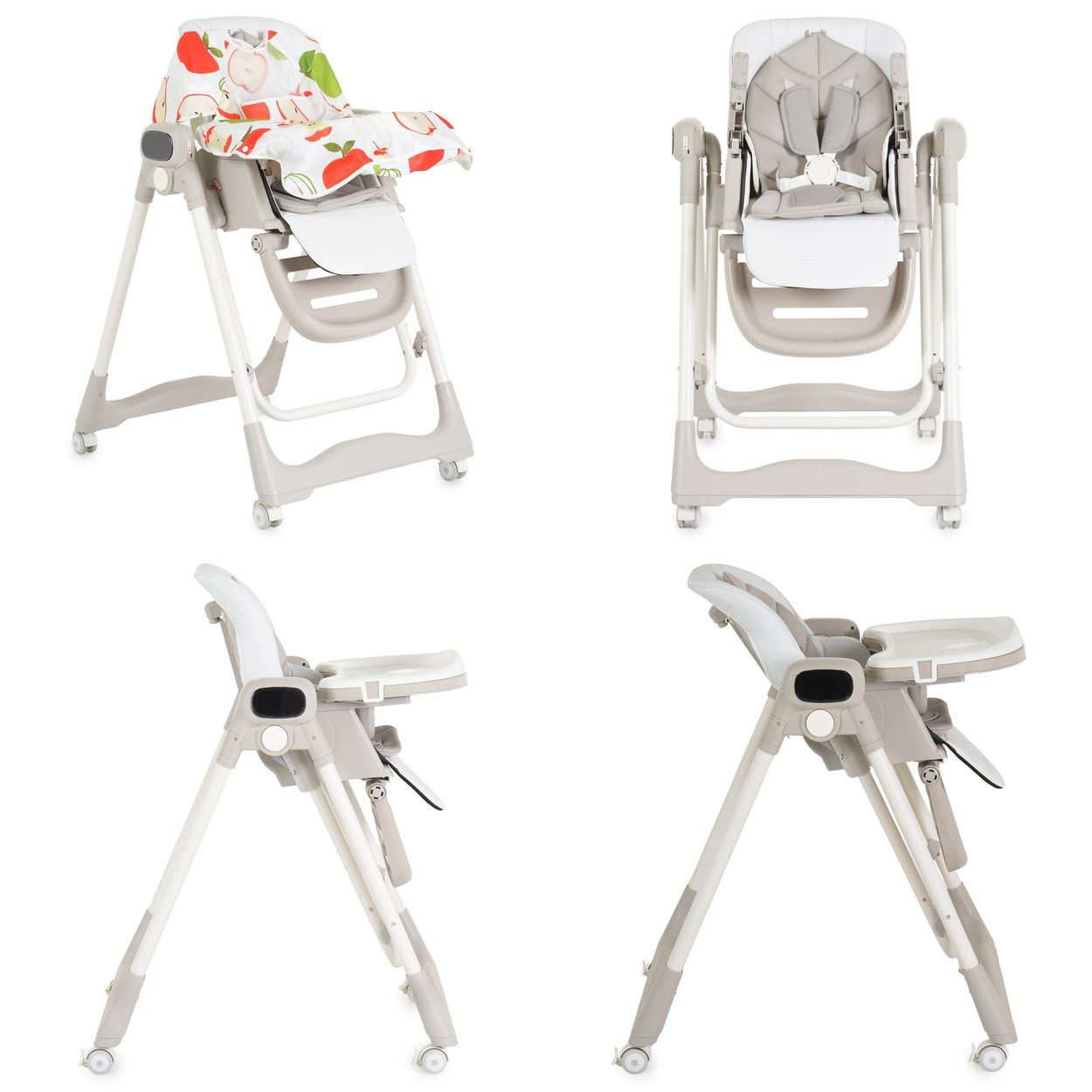Ein Kinderhochstuhl mit Rollen, verstellbarer Rückenlehne und Tablett.