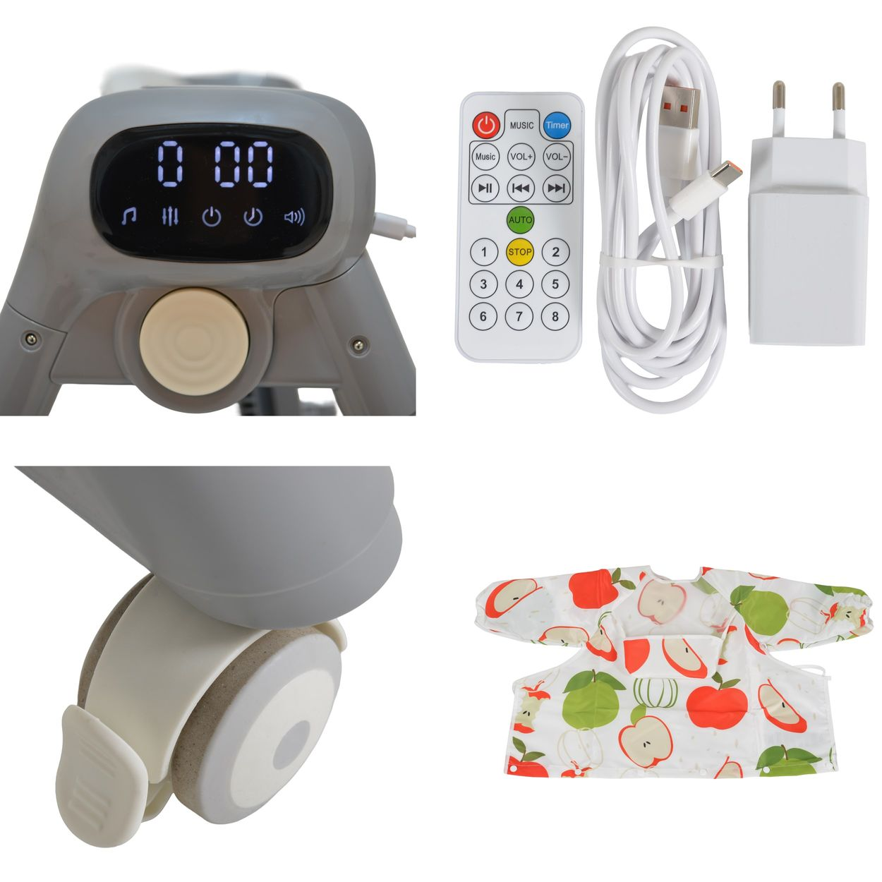 Babywippe-Zubehör: Bedienfeld, Fernbedienung, Ladekabel, Netzteil und Lätzchen mit Äpfeln.