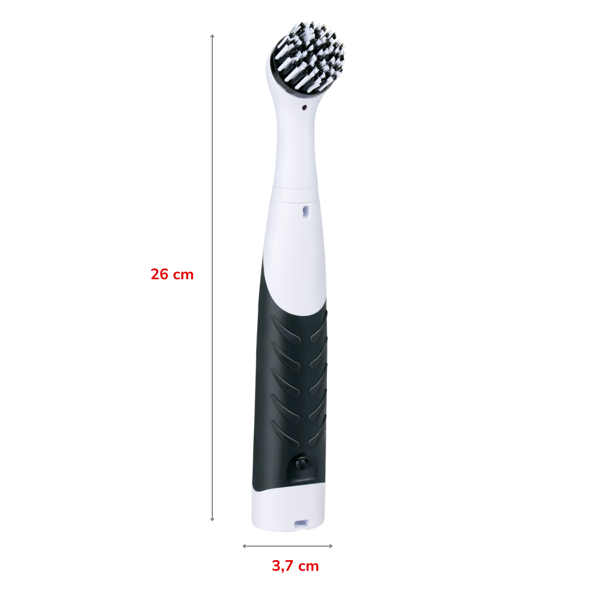 Elektrische borstel, wit en zwart, 26 cm lang, 3,7 cm breed.
