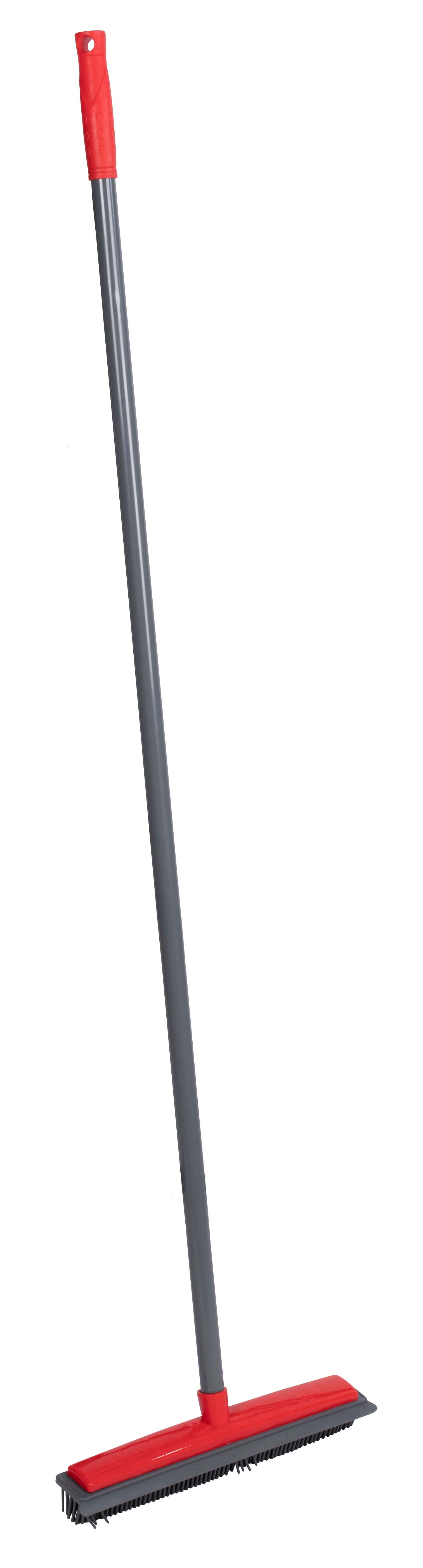 Een rode handgreep en grijze steel met een rode en grijze bezemkop.