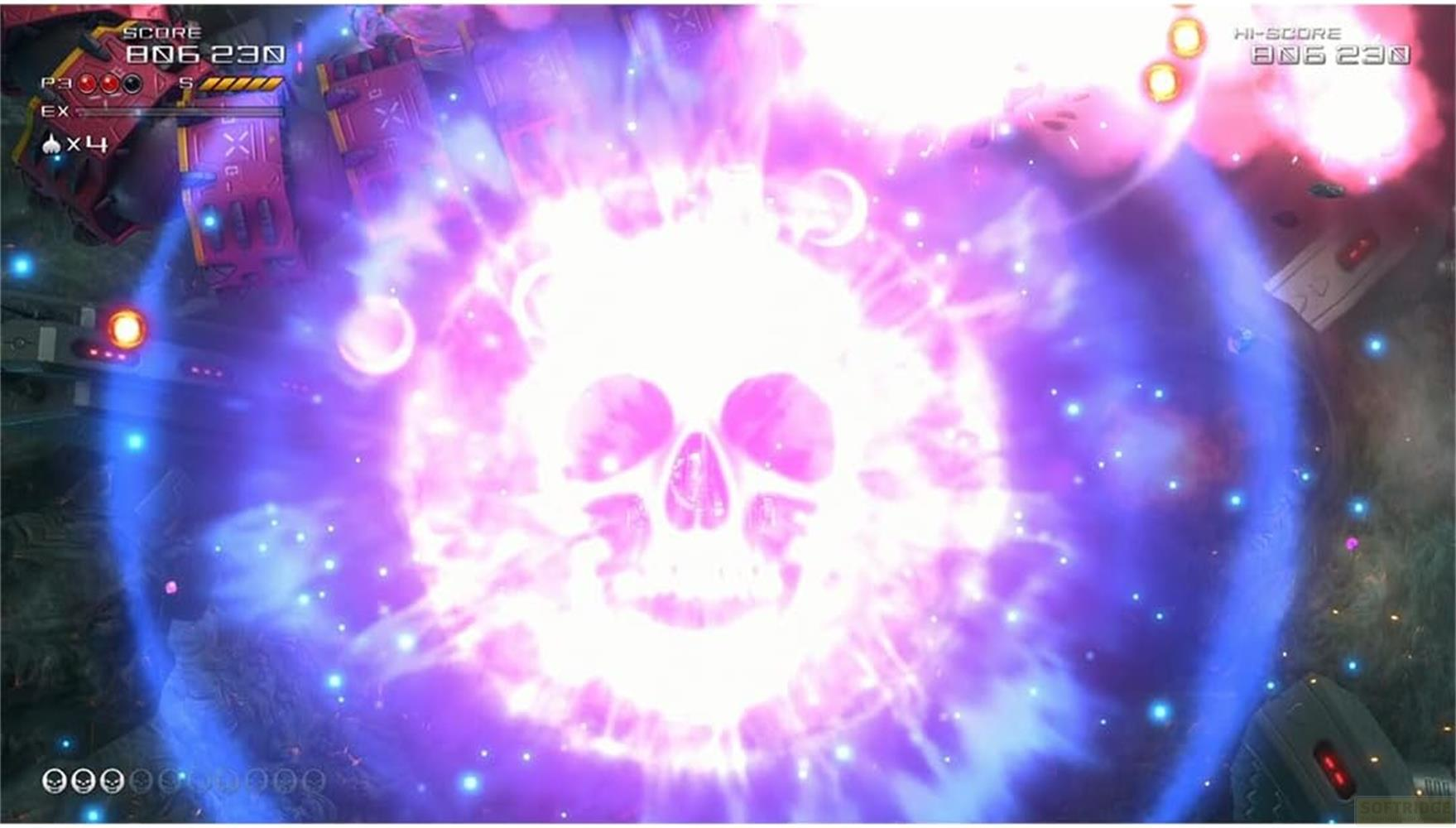 Un teschio appare in una forma di energia viola in esplosione.