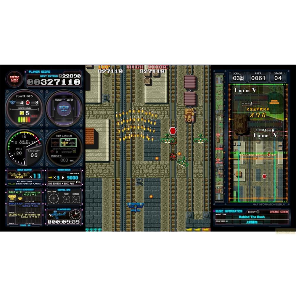 Arcade-Shooter-Spielbildschirm mit Punktzahl, Spielerinfo, Gegnerwarnung und Spielgeschehen.
