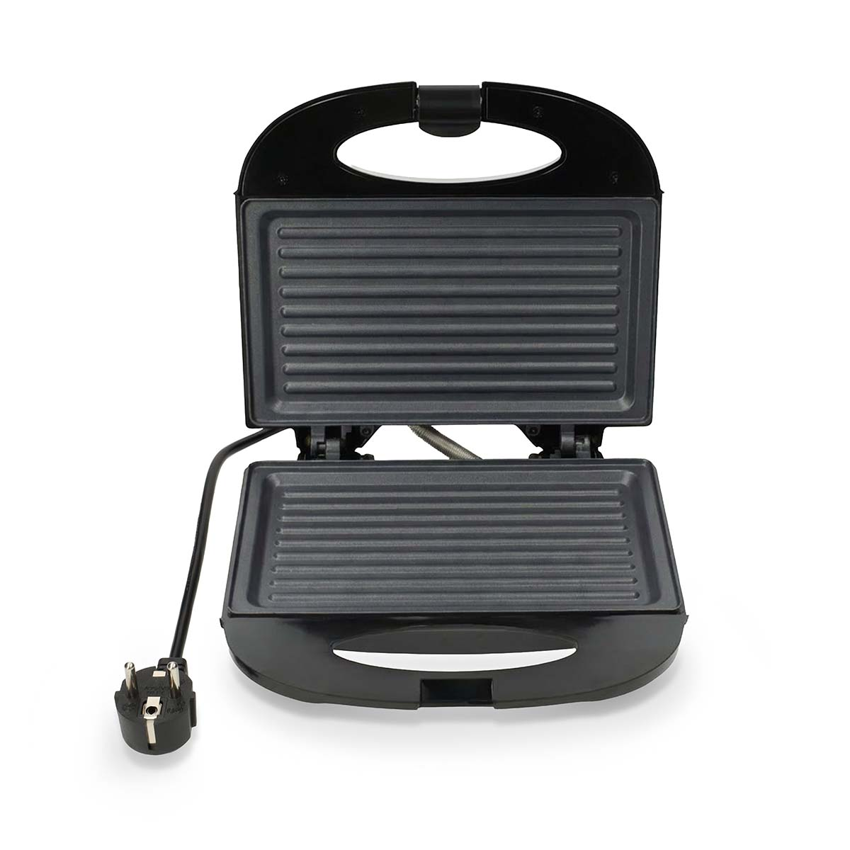 Een open zwarte tosti-ijzer met geribbelde verwarmingsplaten en een stekker.
