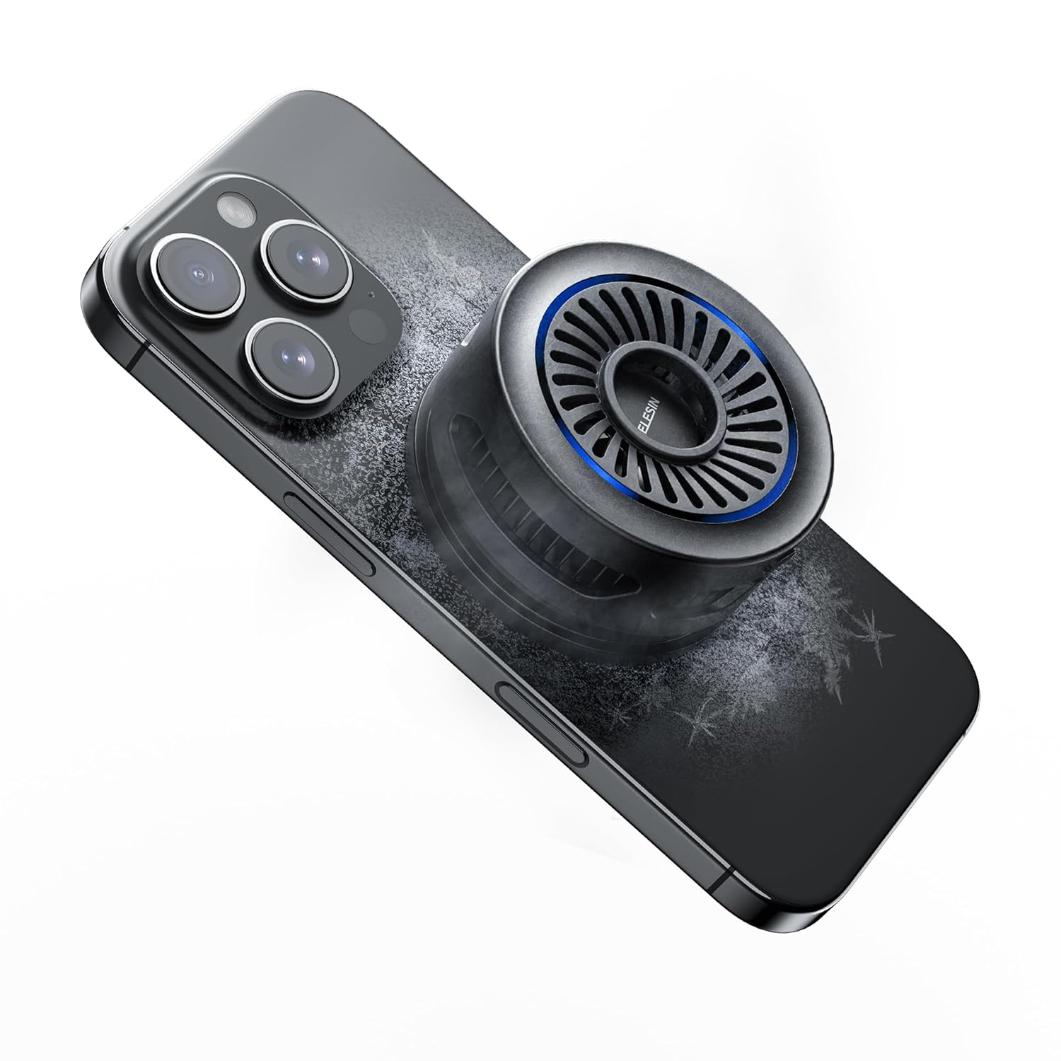 Schwarzes Smartphone mit Handykühler, der auf der Rückseite montiert ist. Weiße Akzente.