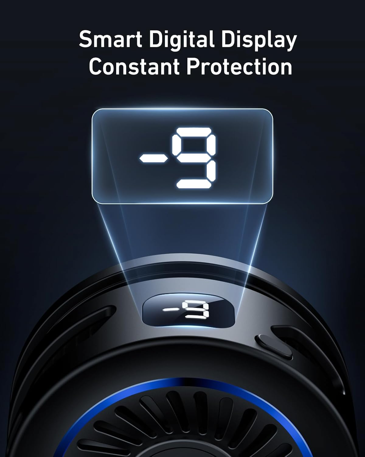 Ein schwarzes Gerät mit digitaler Anzeige zeigt -9. Text: Smart Digital Display Constant Protection.