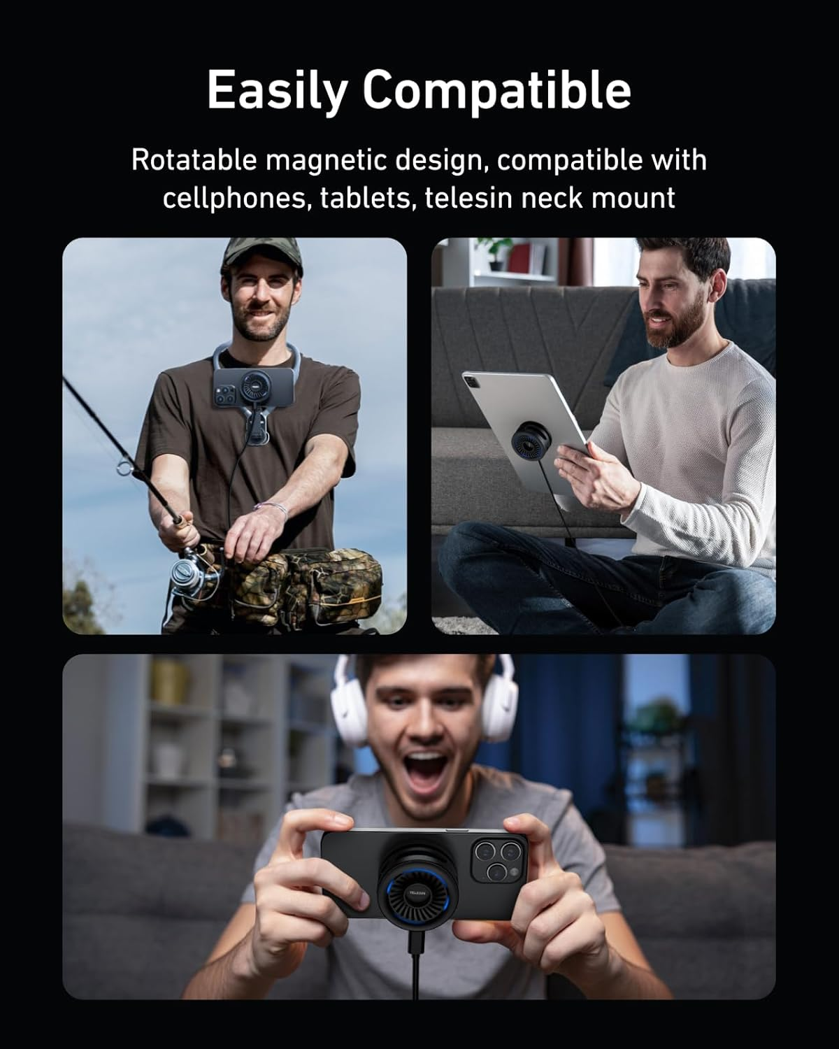 Collage zeigt magnetische Halterung am Handy zum Angeln, Tablet und Spielen.
