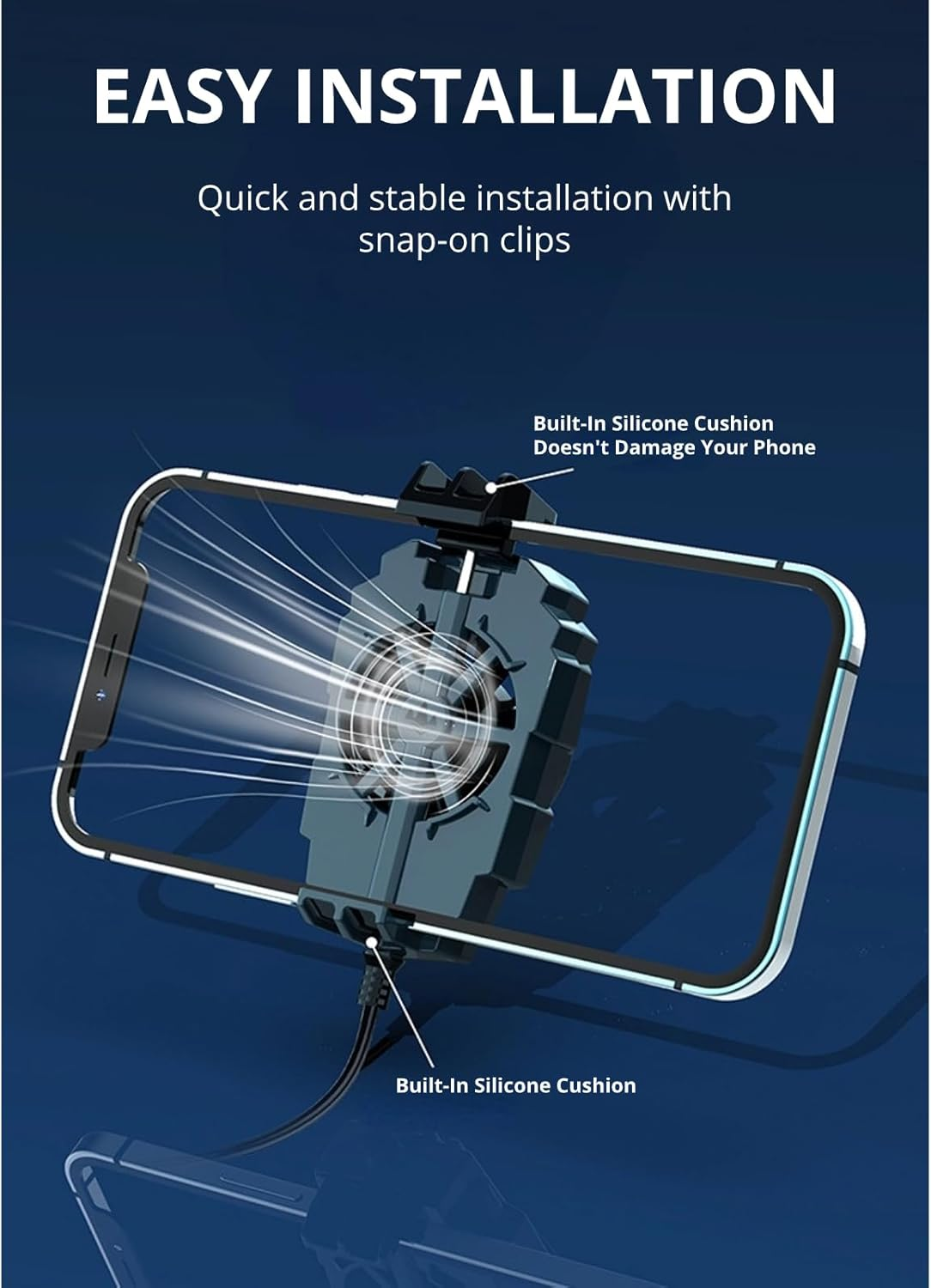 Smartphone-Kühler mit Lüfter und Silikonpolster, einfach zu befestigen.