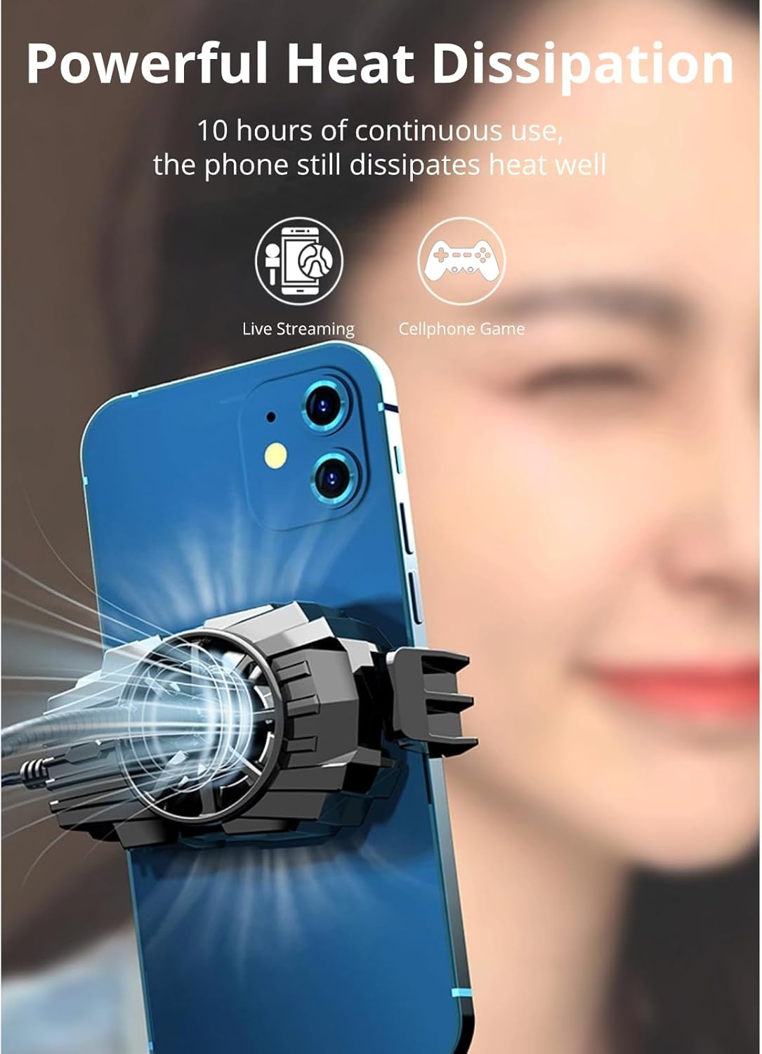 Ein blauer Handy-Kühler ist an einem Smartphone befestigt, das für Live-Streaming und Spiele entwickelt wurde.
