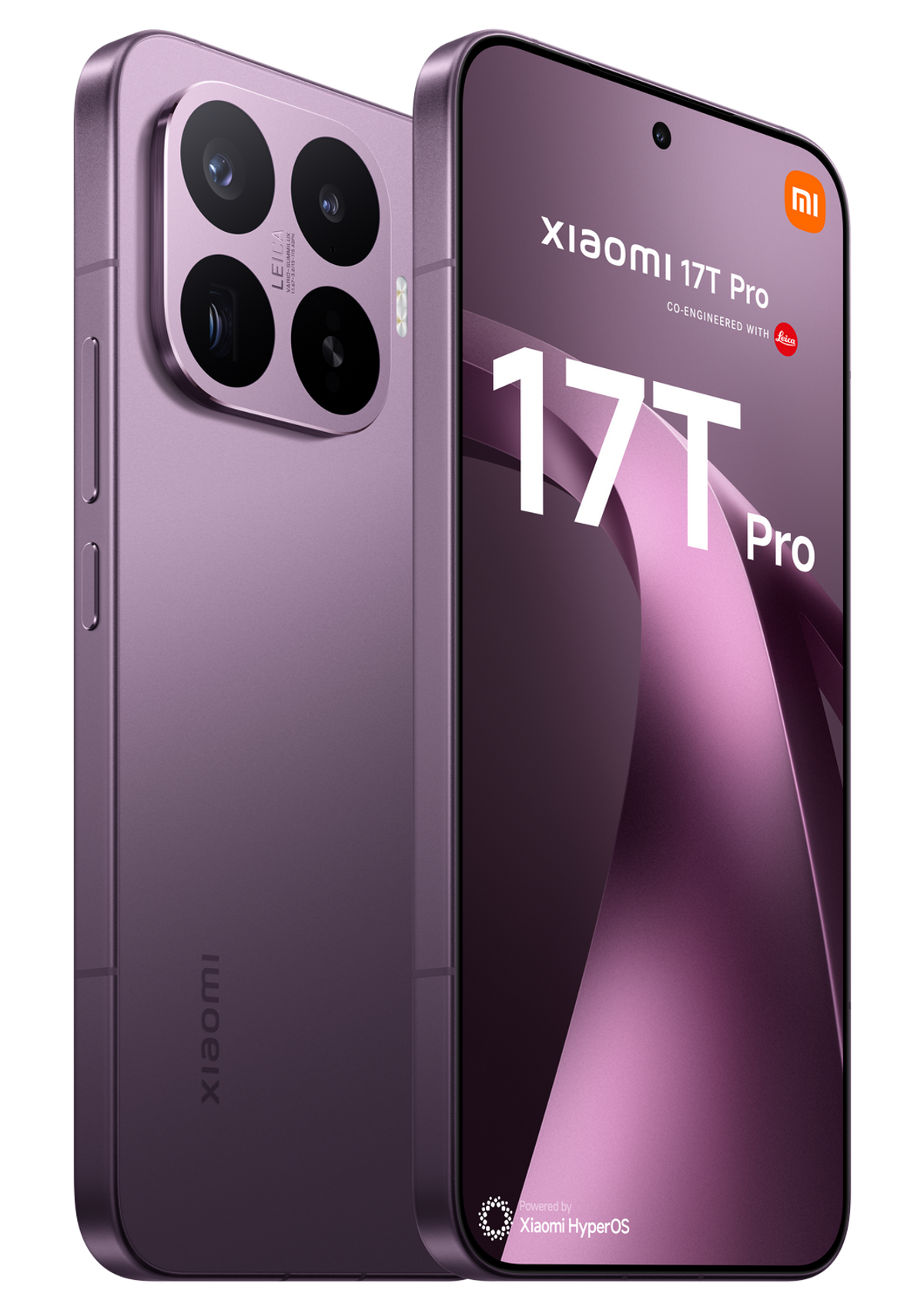 Zwei lilafarbene Xiaomi 17T Pro Smartphones nebeneinander, eines mit Kamera, das andere mit Display.