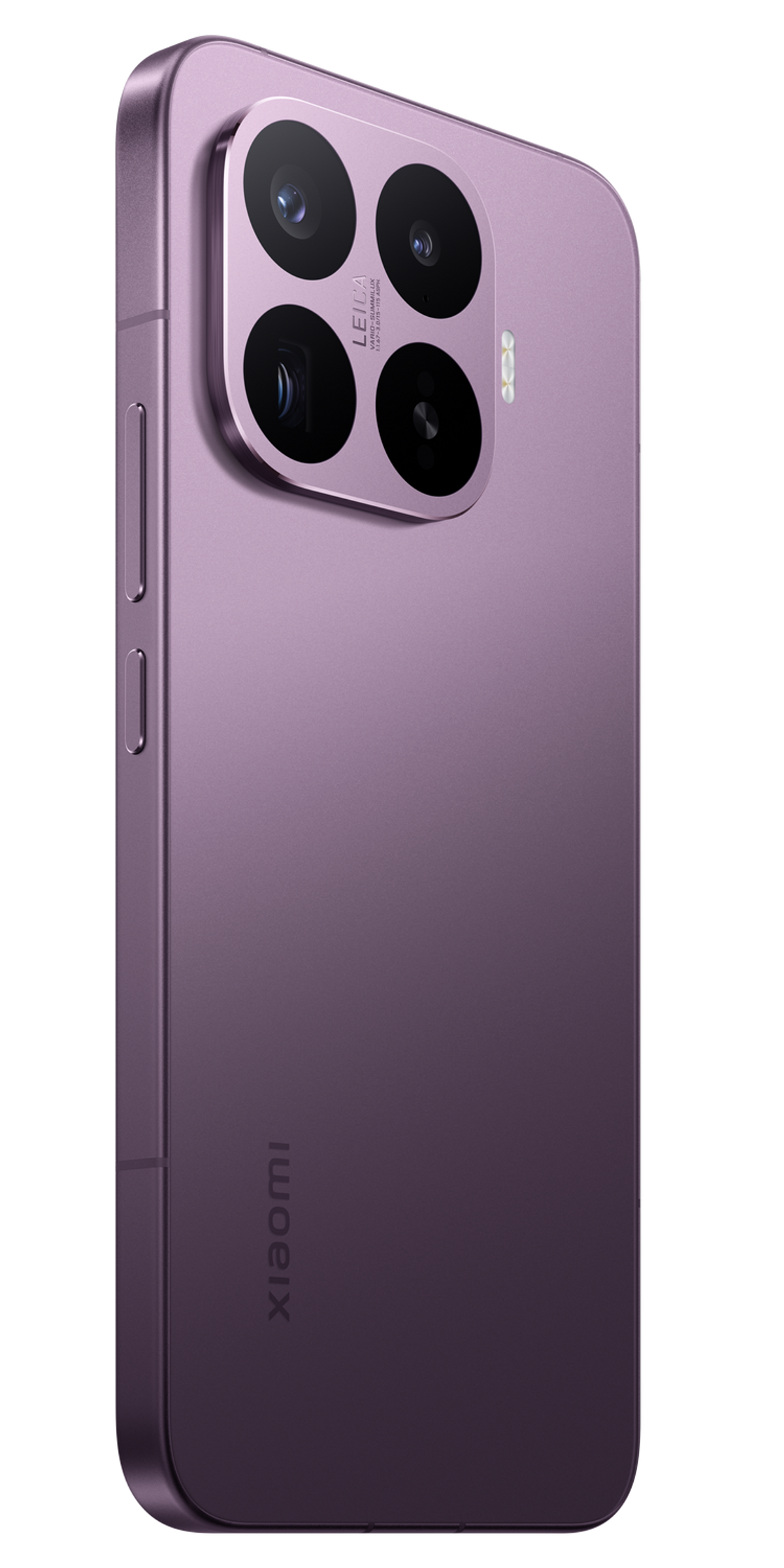 Lila Smartphone mit vierfach Leica-Kamera und Xiaomi-Logo auf schwarzem Hintergrund.