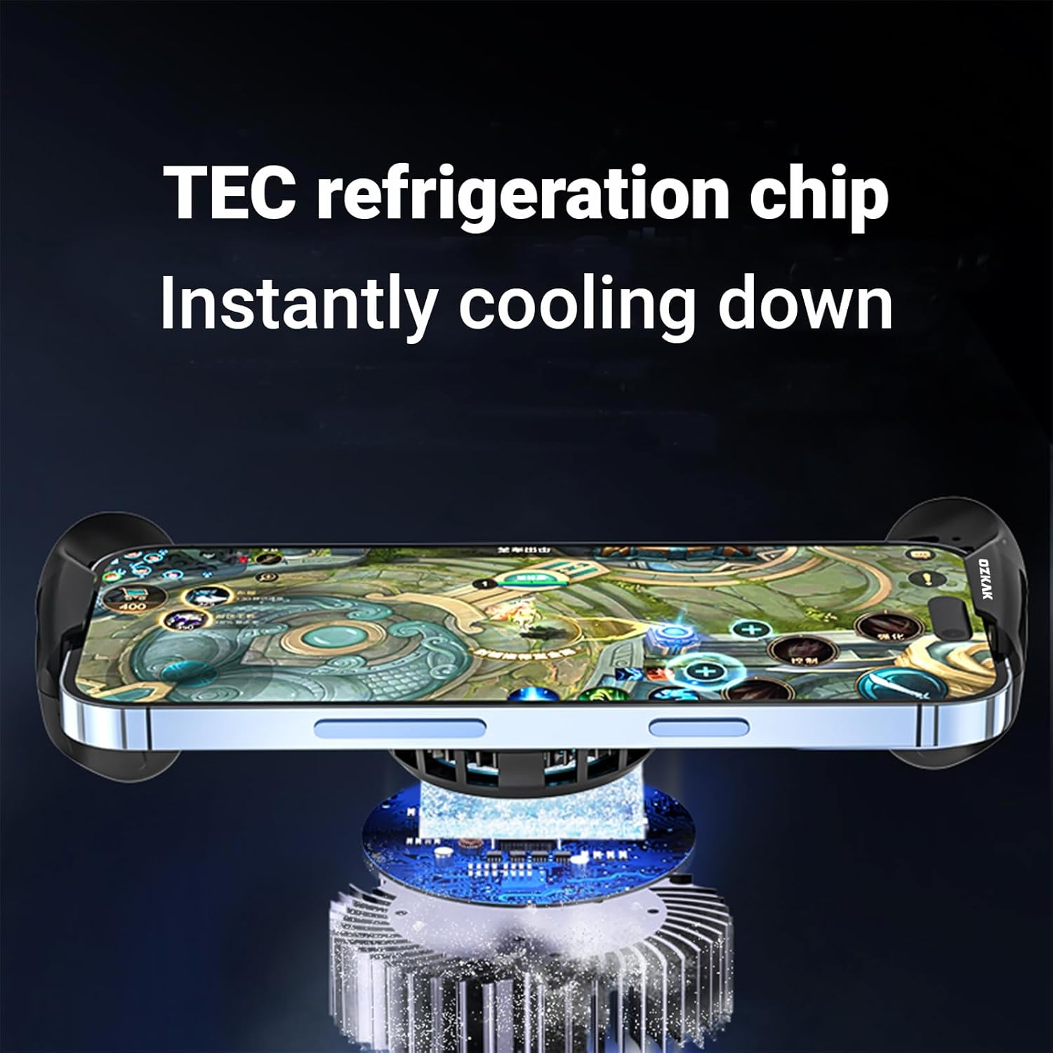 Telefon mit Gaming-Bildschirm, an TEC-Kühlventilator mit Kühlkörper befestigt.