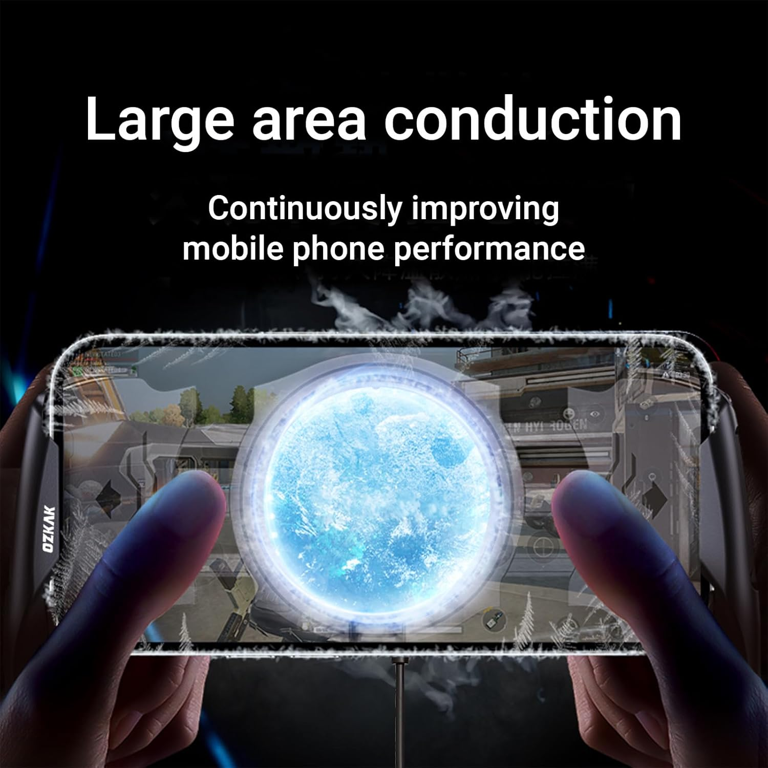 Hände halten ein Handy mit einem leuchtenden blauen Kreis, der Leistung anzeigt.