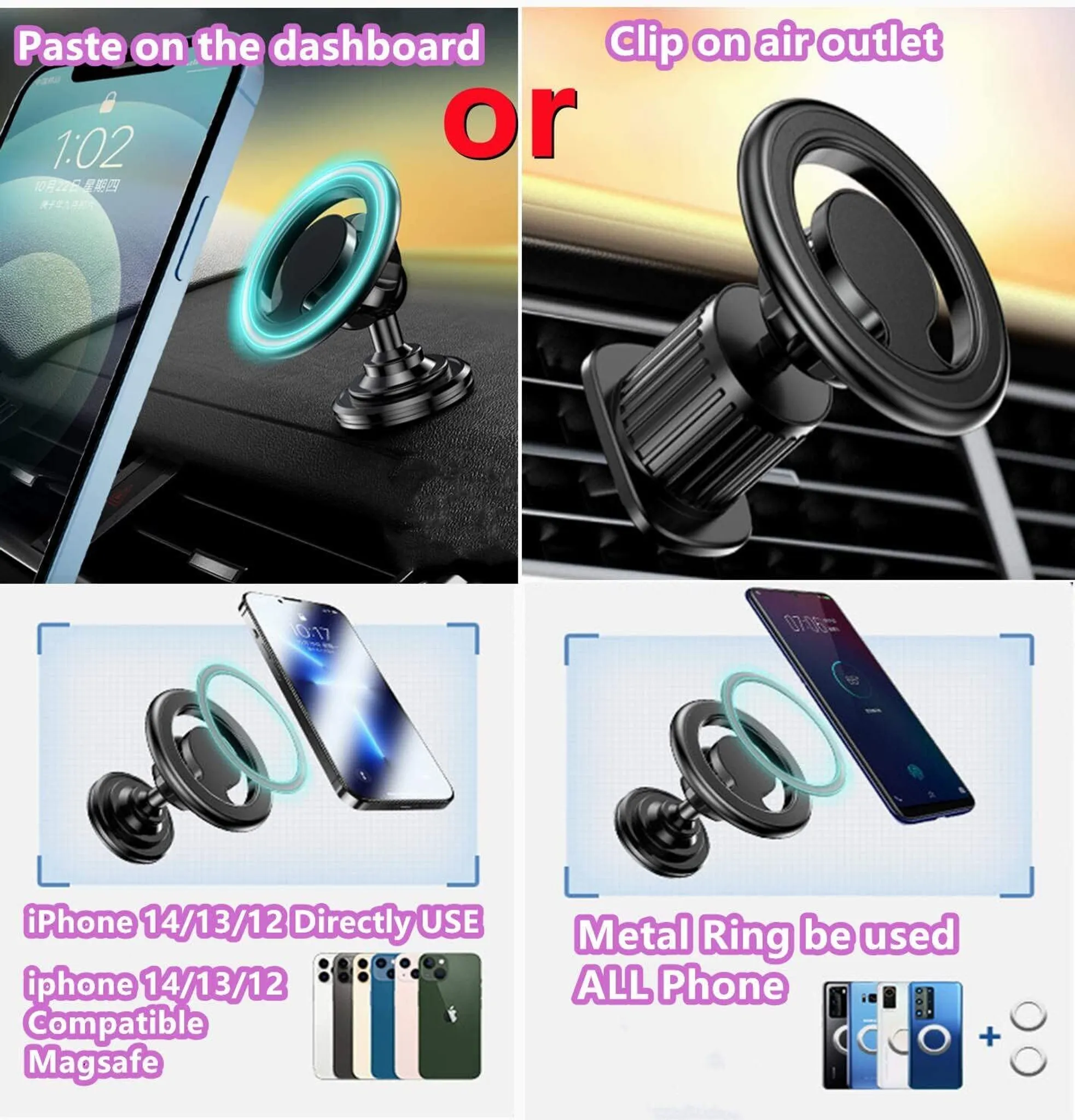 Zwei Handyhalterungen: eine für das Armaturenbrett, eine für Lüftungsschlitze. Mit iPhone und Metallring-Option.