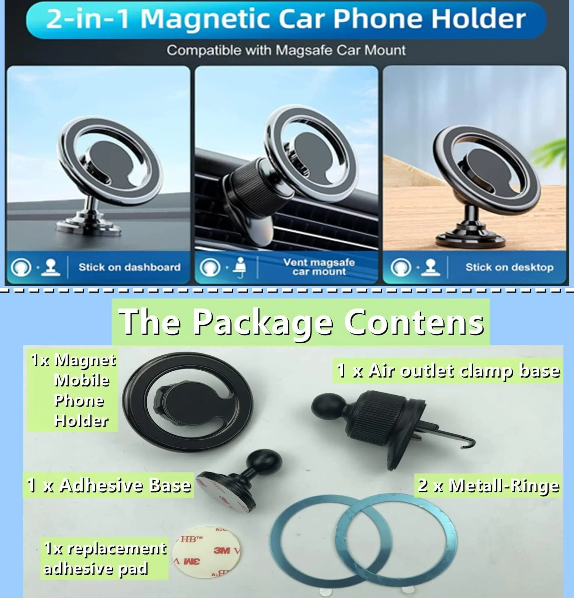2-in-1 magnetischer Autohandyhalter mit Zubehör für Armaturenbrett, Lüftungsschlitz und Schreibtisch.