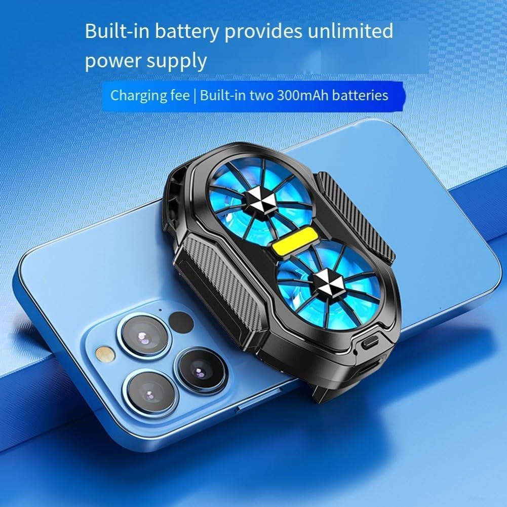 Ein schwarzer Handykühler mit zwei blauen Lüftern ist an einem blauen Smartphone befestigt.