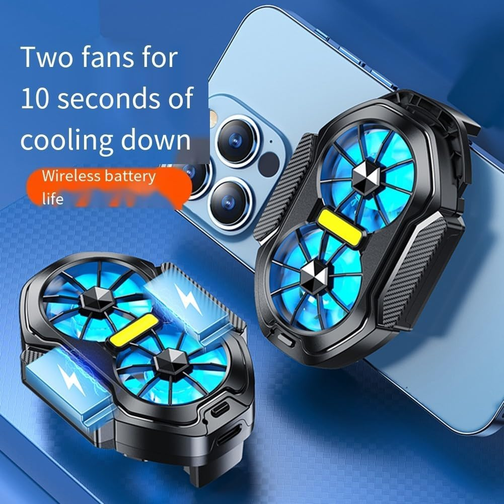 Zwei schwarze Handy-Kühler mit blauen Leuchtlüftern sind an einem hellblauen Handy befestigt.