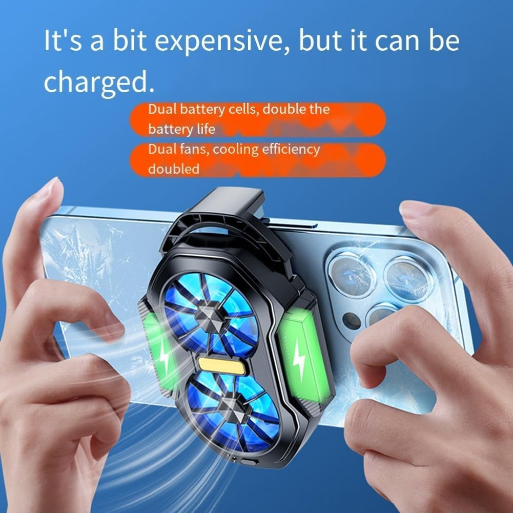 Handykühler mit zwei blauen Lüftern und grünen Akkuanzeigen, am Handy befestigt.