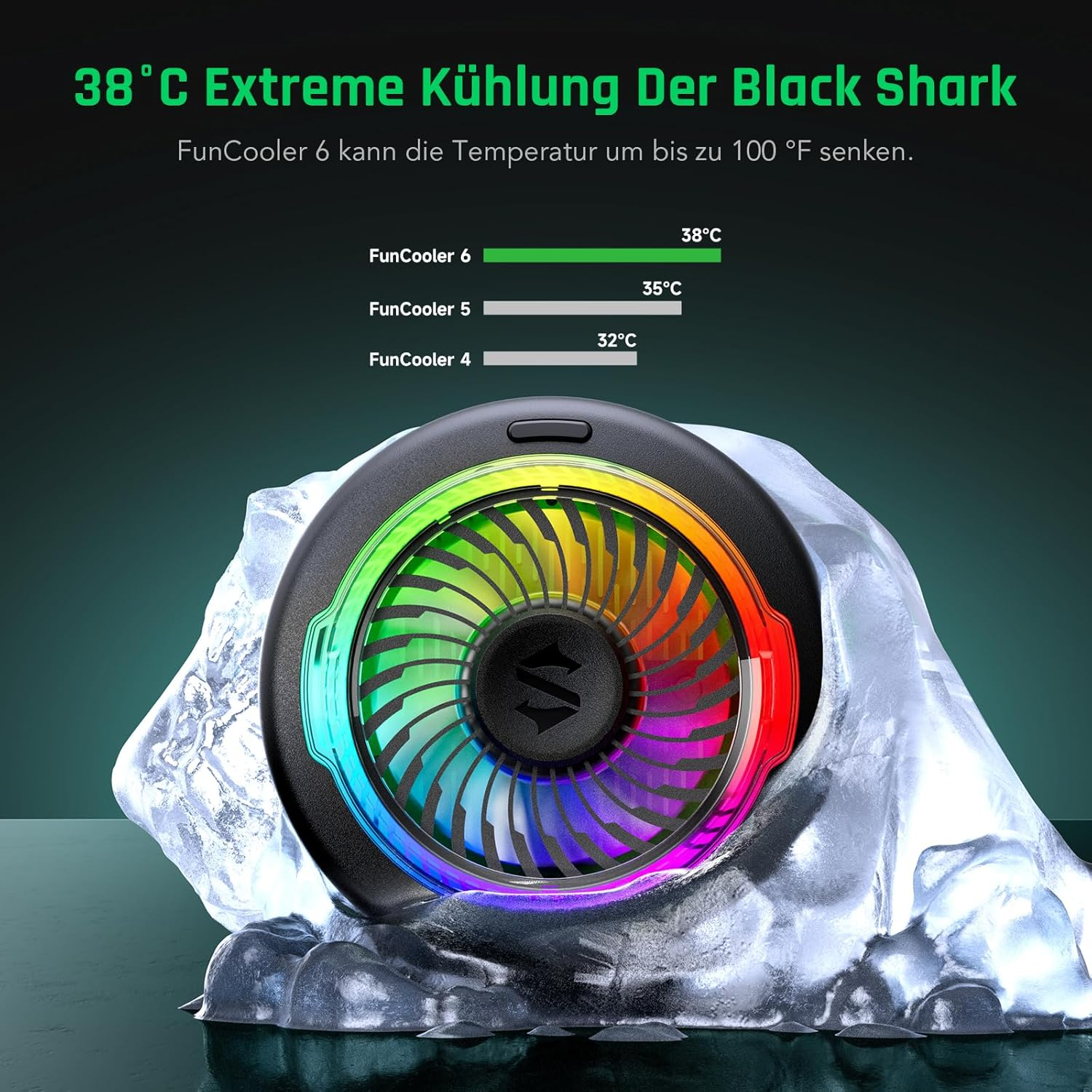 Ein bunter Lüfter mit RGB-Beleuchtung, umgeben von Eis. Zeigt Temperaturdiagramm.