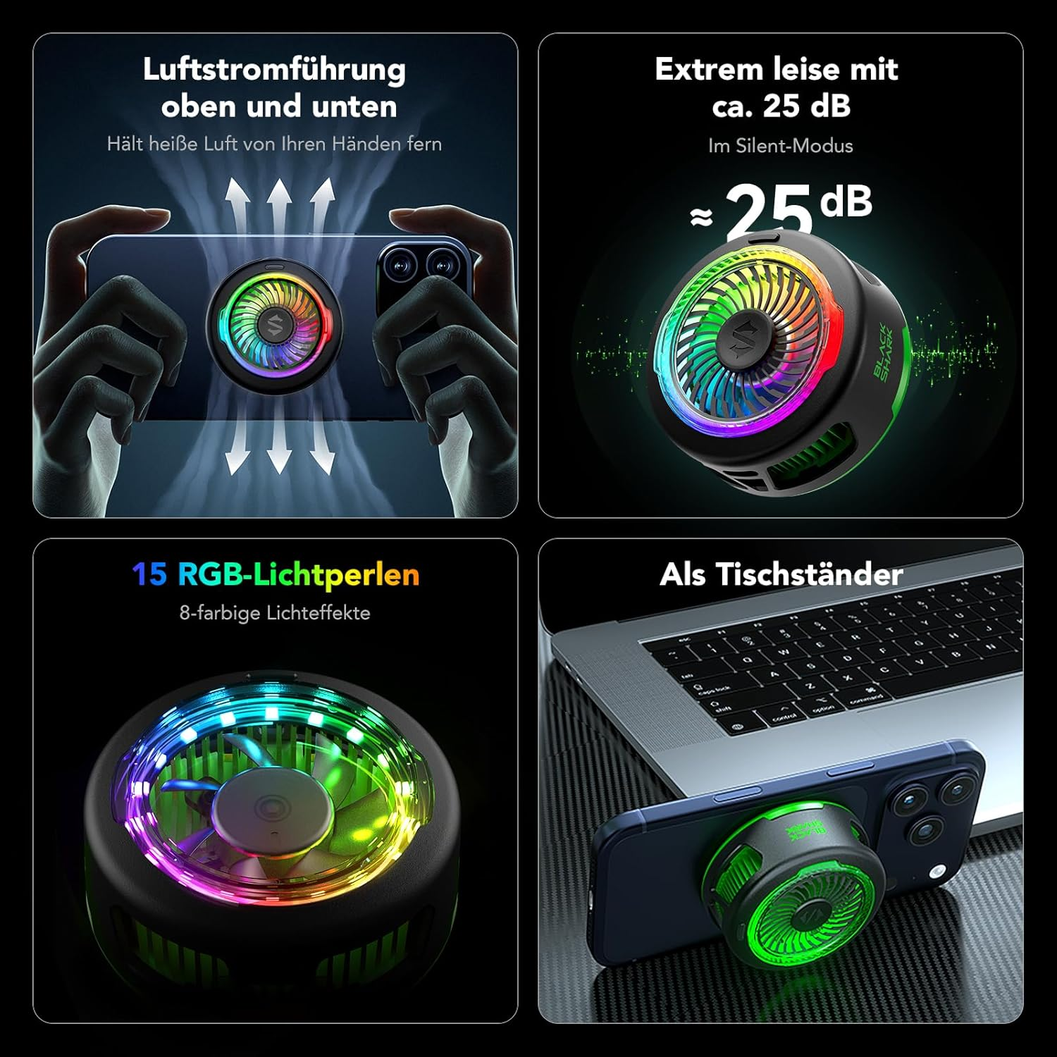 Ein Smartphone mit einem RGB-Lüfter, der als Ständer dient. Verschiedene Ansichten.