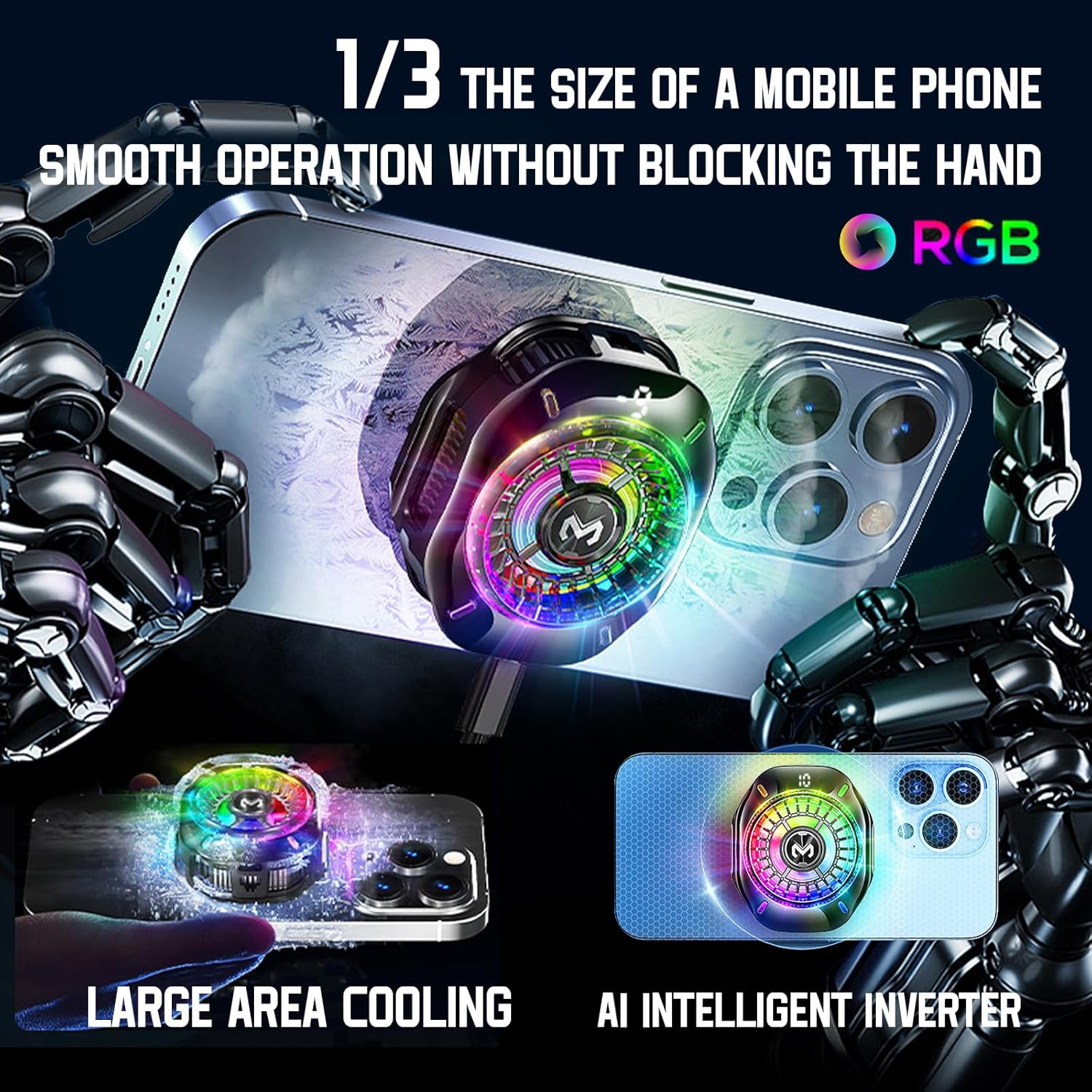 Ein Telefonkühler mit RGB-Beleuchtung, der auf einem Smartphone sitzt.