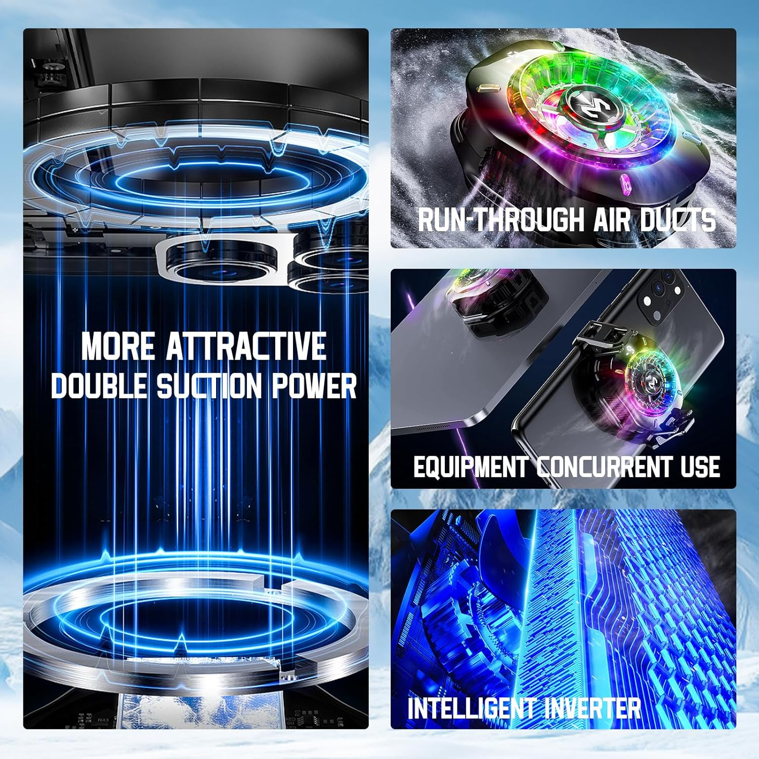 Futuristische Lüfter mit RGB-Beleuchtung, verbunden mit einem Handy.