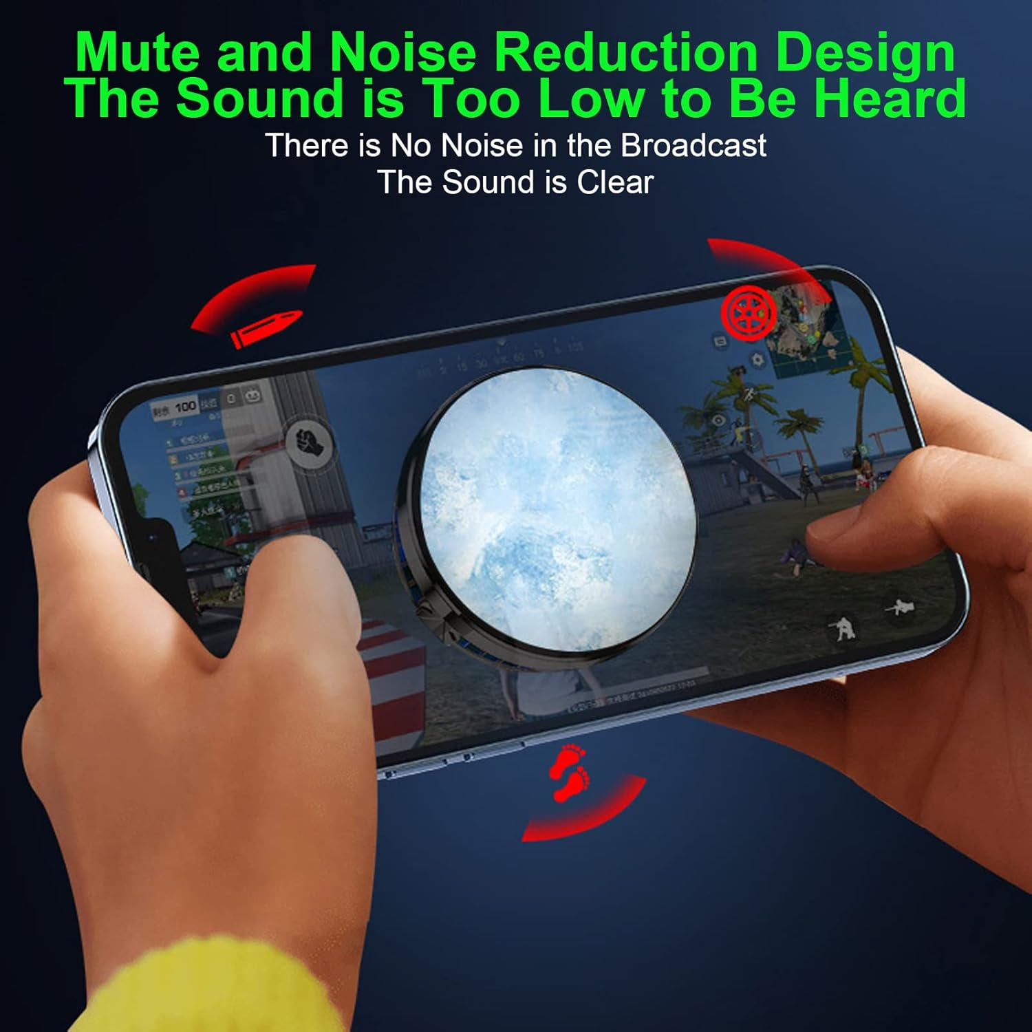 Hände halten ein Smartphone mit einem Spiel. Rote Symbole deuten auf Geräusche hin.