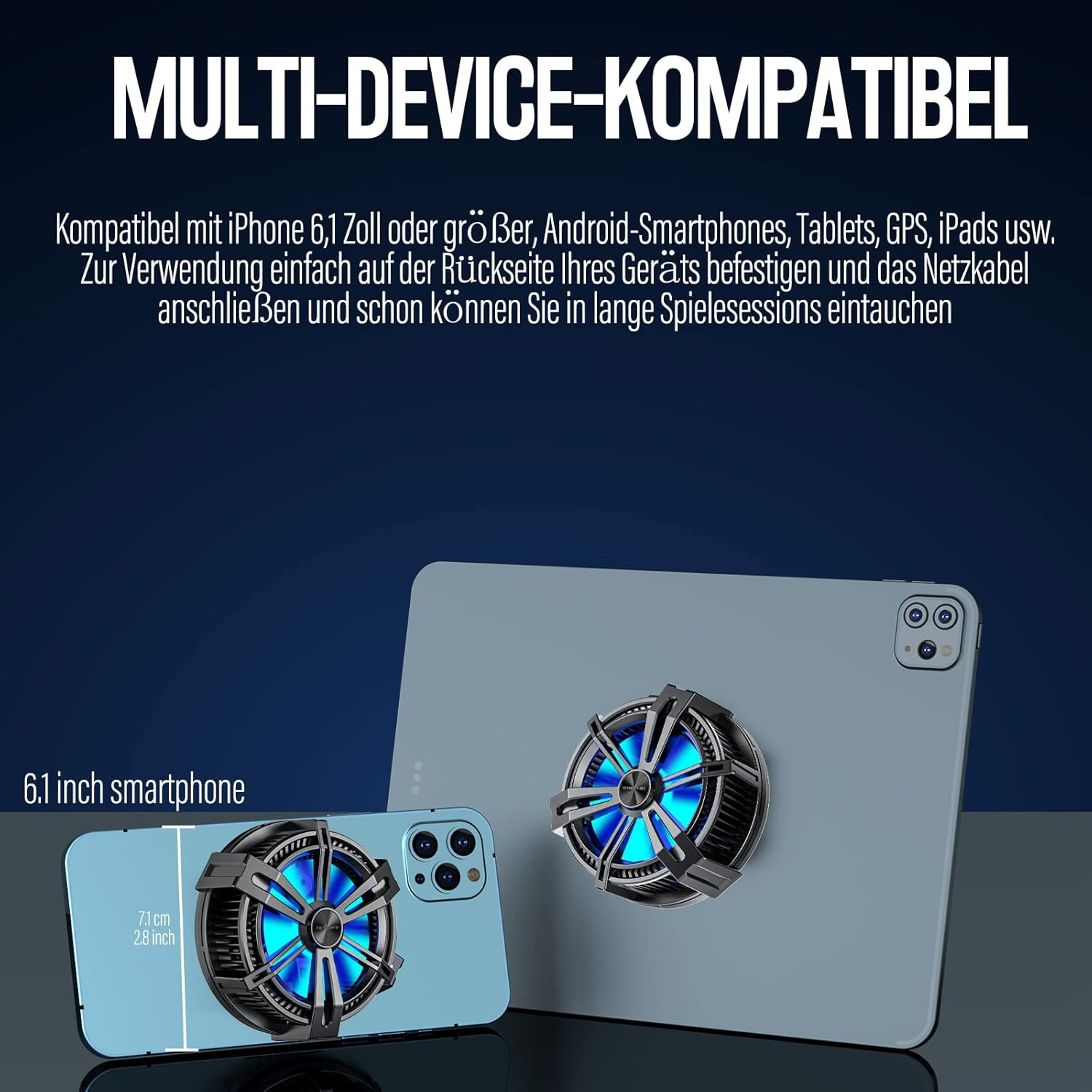 Ein Handy-Kühler mit blauen Lichtern auf einem Smartphone und Tablet.