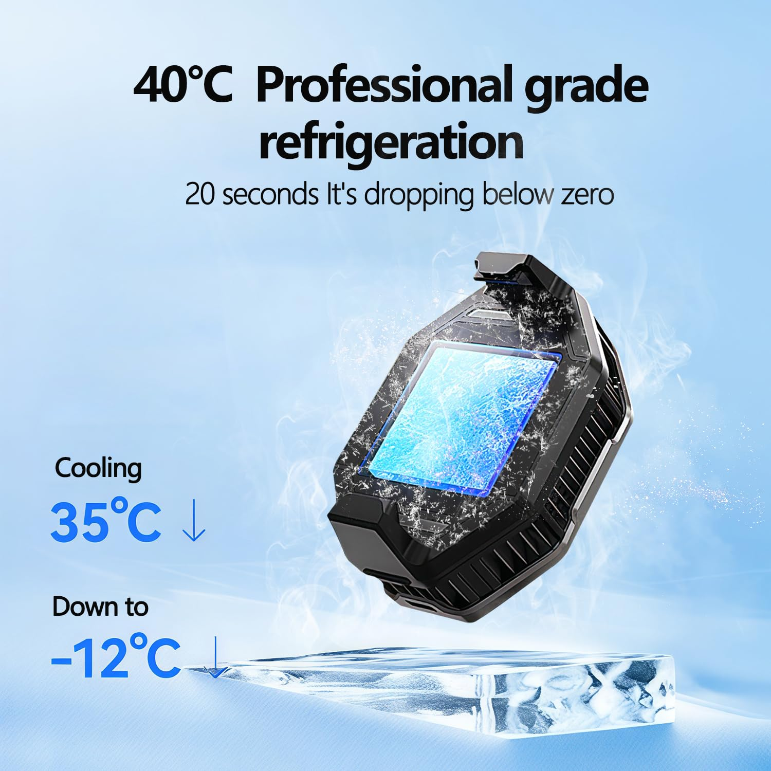 Schwarzer Handy-Kühler mit blauem Eis auf dem Bildschirm, auf einem Eisblock. Text: 40°C Professionelle Kühlung, fällt in 20 Sek. unter Null.