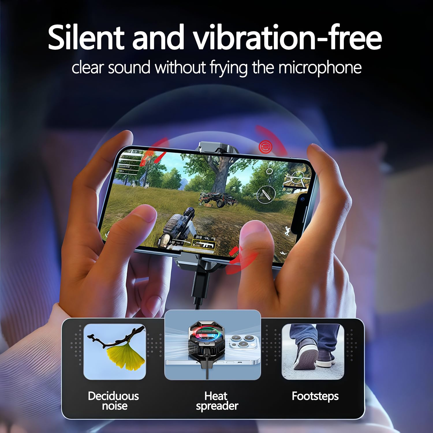 Hände halten Smartphone mit Spiele-App; unten sind Nahaufnahmen von Blättern, Lüfter und Füßen.