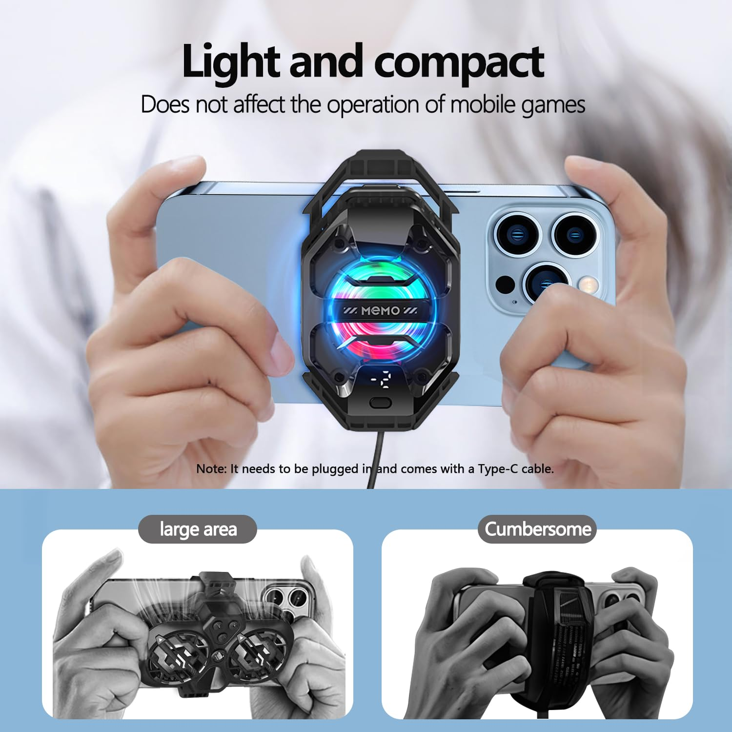 Ein schwarzer Handy-Kühler mit RGB-Beleuchtung ist an einem hellblauen Smartphone befestigt.