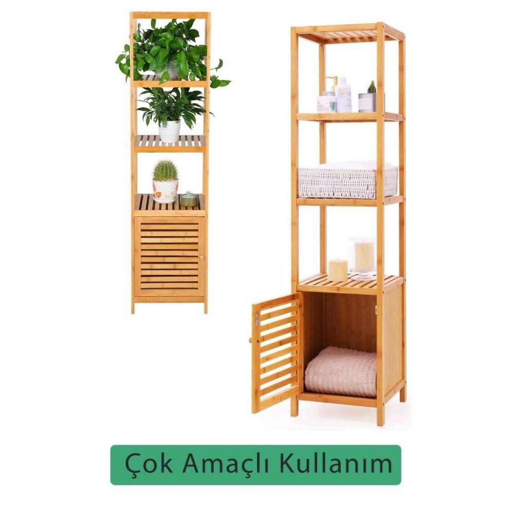 Bitkili iki ahşap raf, biri kapalı kapılı, diğeri açık kapılı.