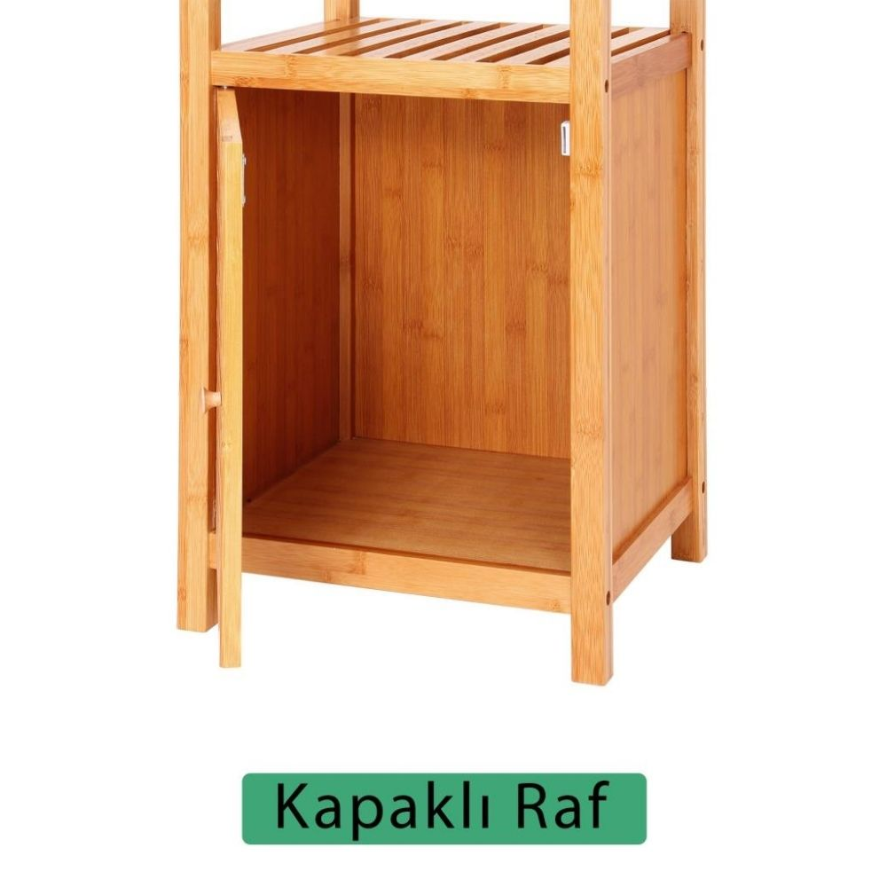 Açık raflı ve kapılı ahşap raf ünitesi.