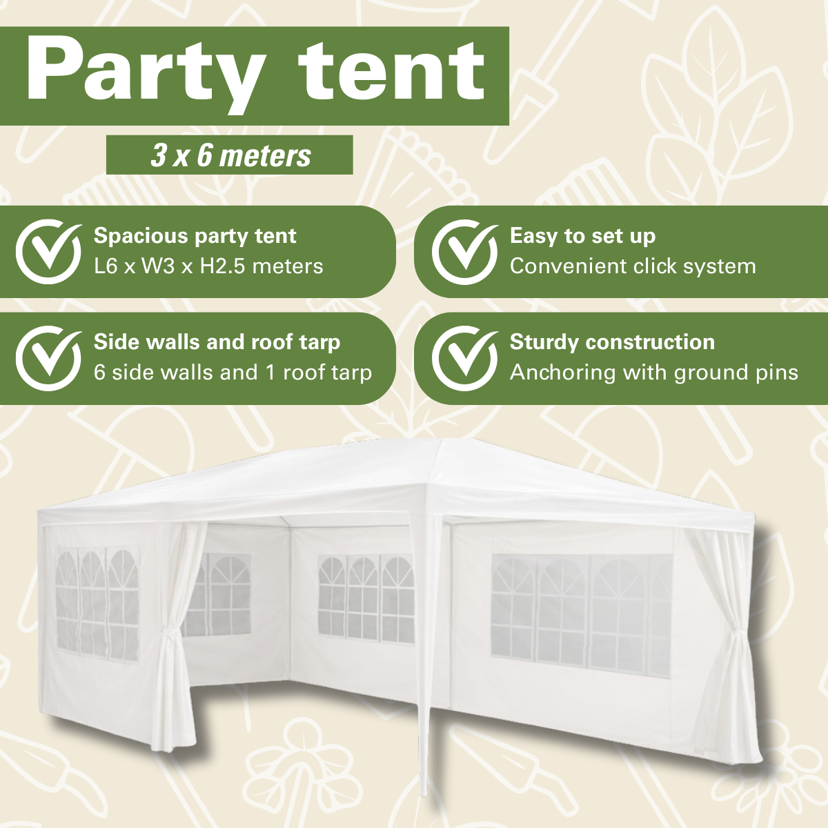 Witte partytent, 3x6m, met ramen, eenvoudige montage, stevige constructie.