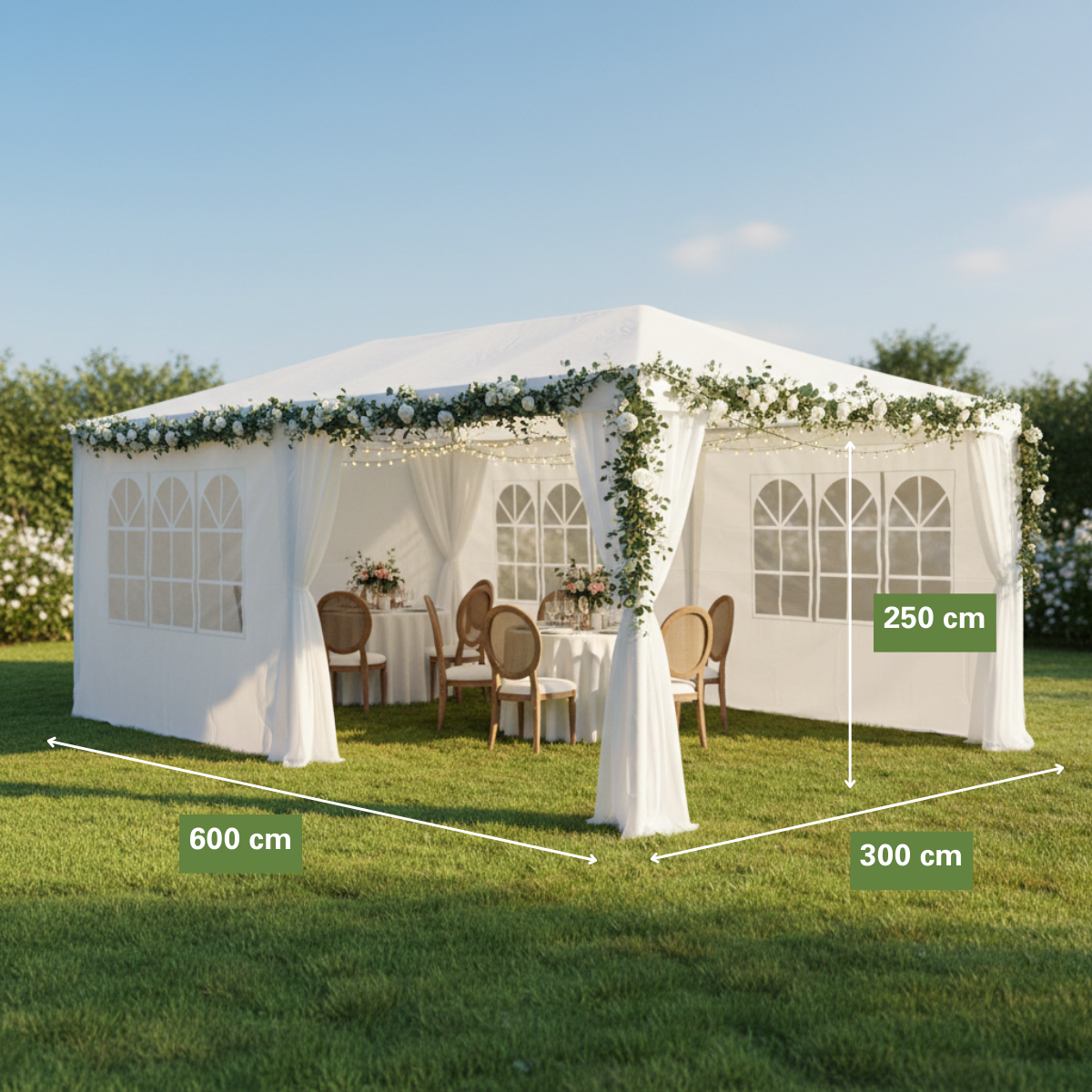 Een witte feesttent met tafels en stoelen, versierd met bloemen en lampjes.