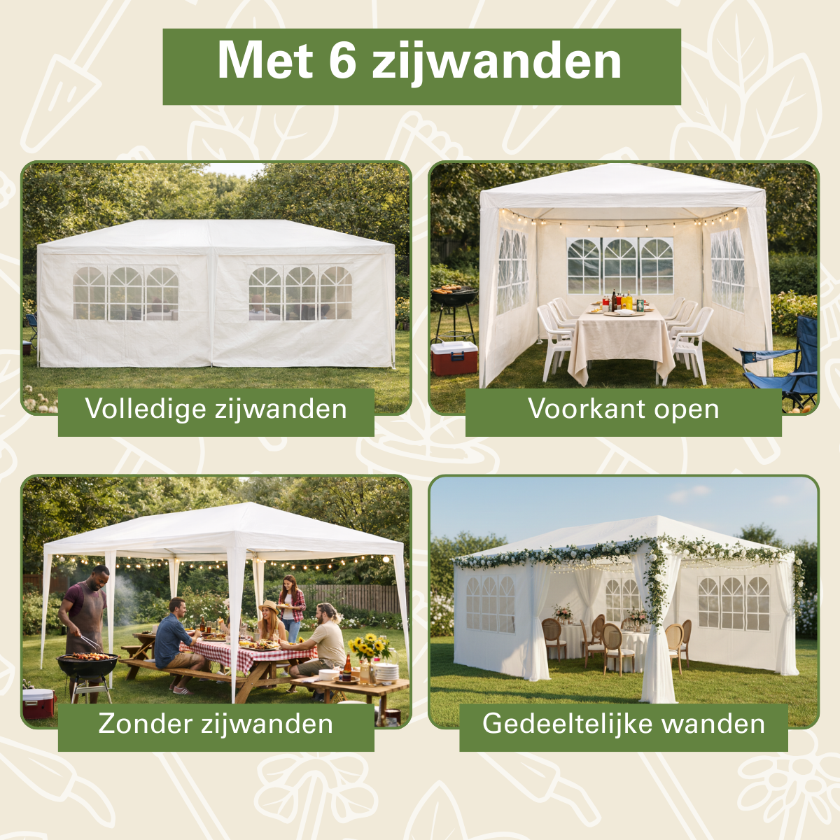 Vier witte buitenpaviljoens in verschillende configuraties: volledig gesloten, voorzijde open, zonder zijwanden, gedeeltelijk gesloten.
