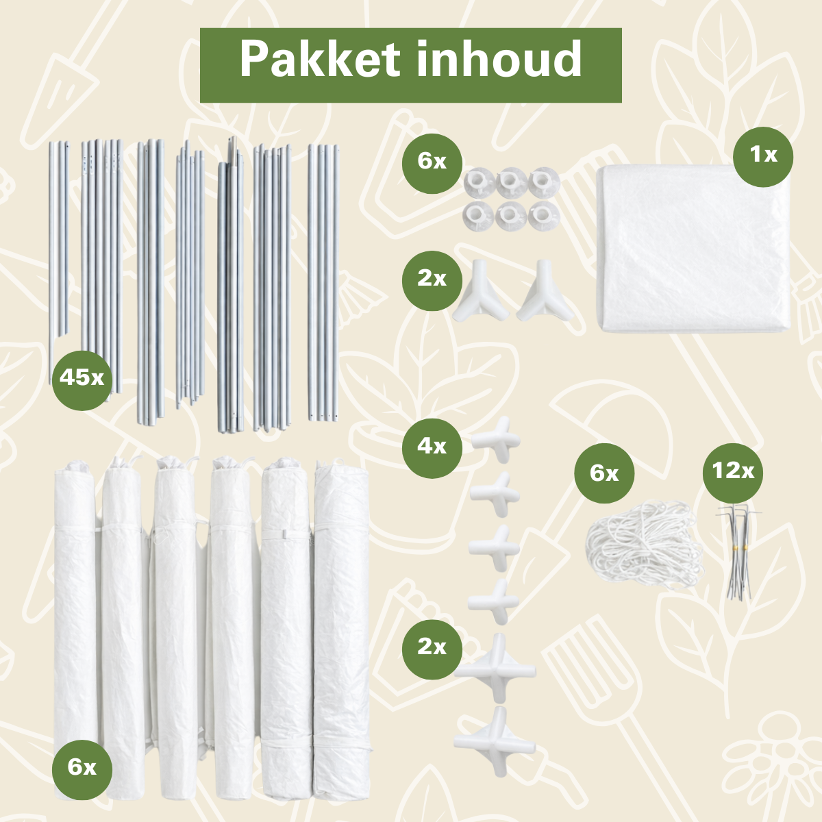 Inhoud van een pakket met frameonderdelen, connectoren, hoes en touw.