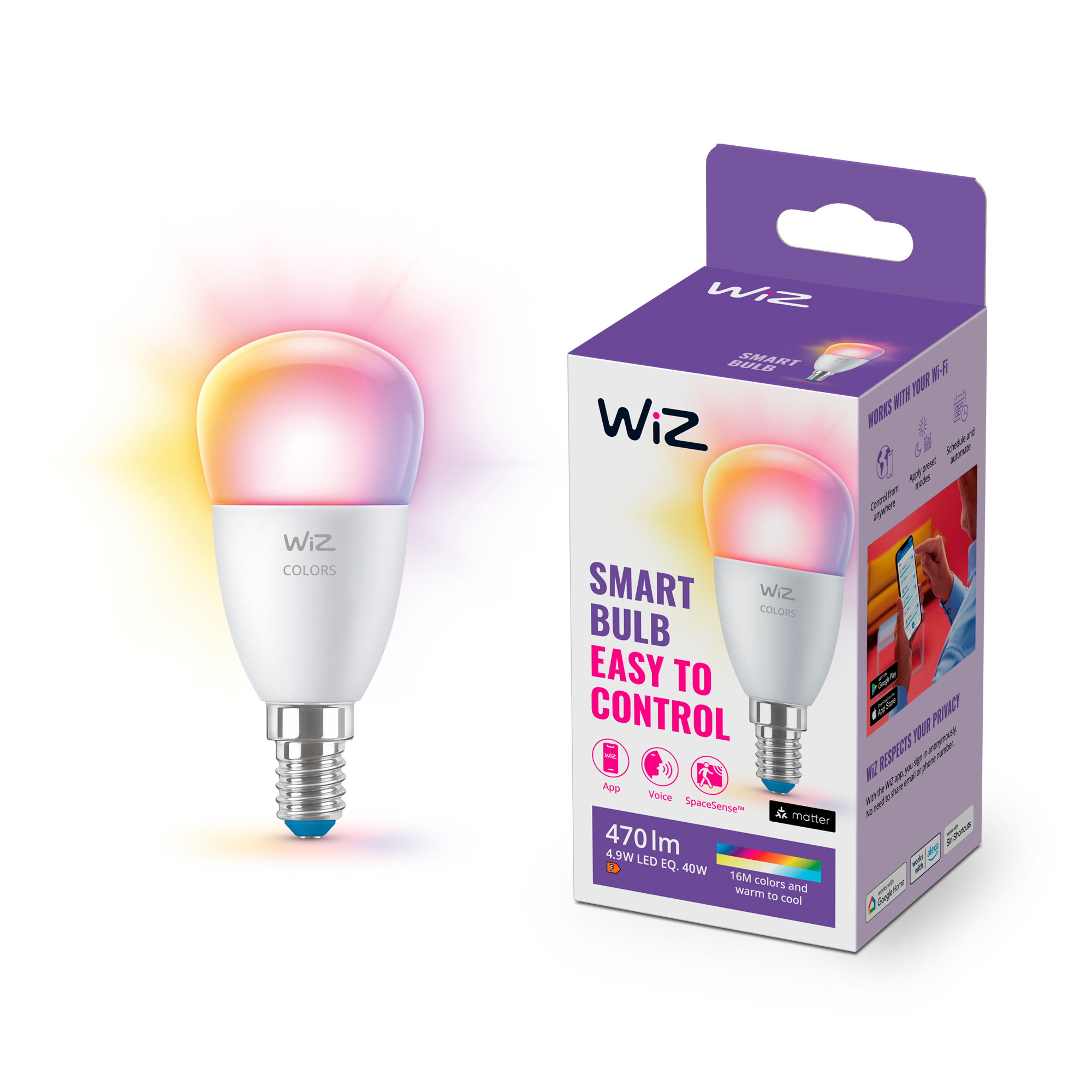 Ein Wiz Smart Bulb mit Farbwechsel und Verpackung. Beleuchtet in Regenbogenfarben.