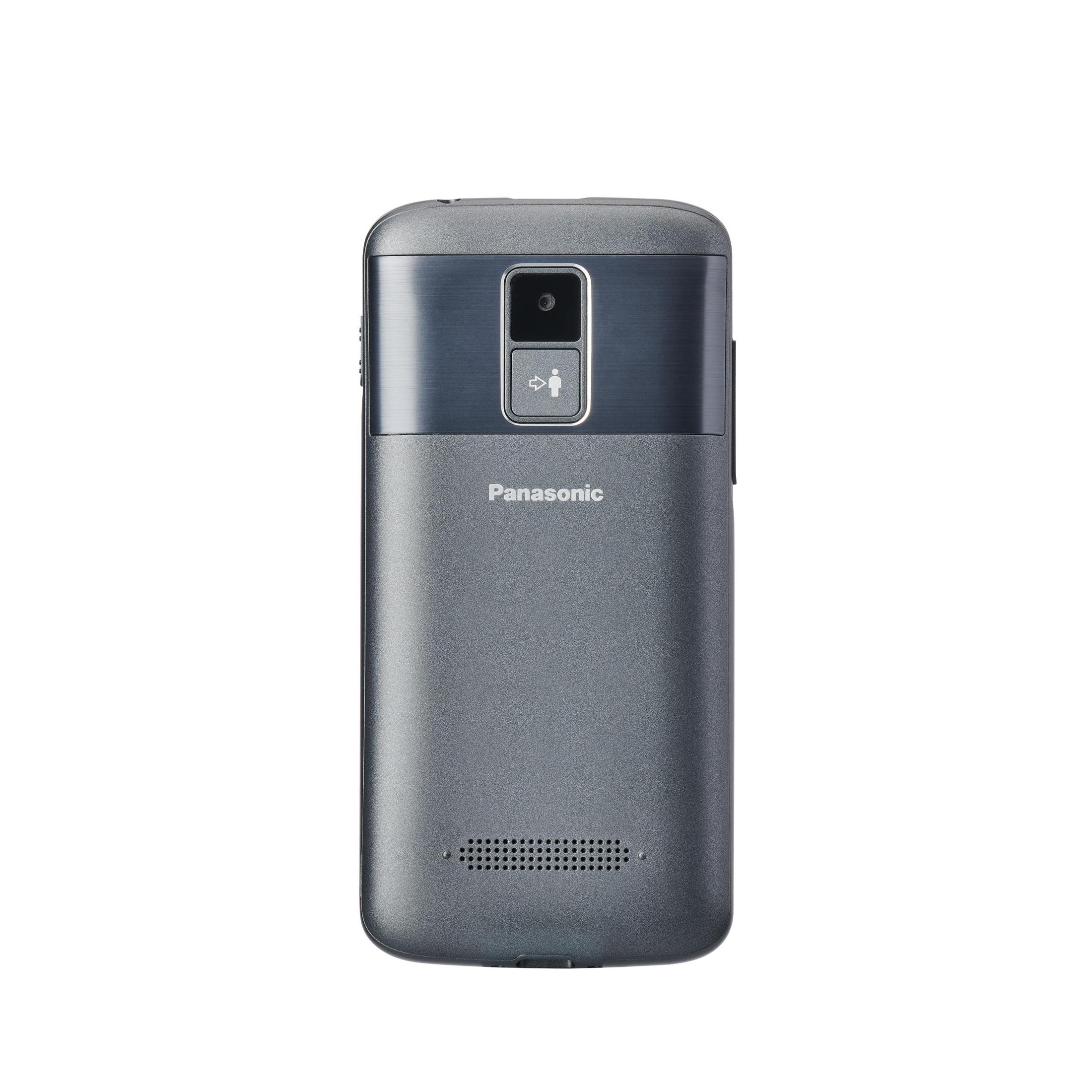 Rückseite eines grauen Panasonic Telefons mit Kamera und Lautsprecher.