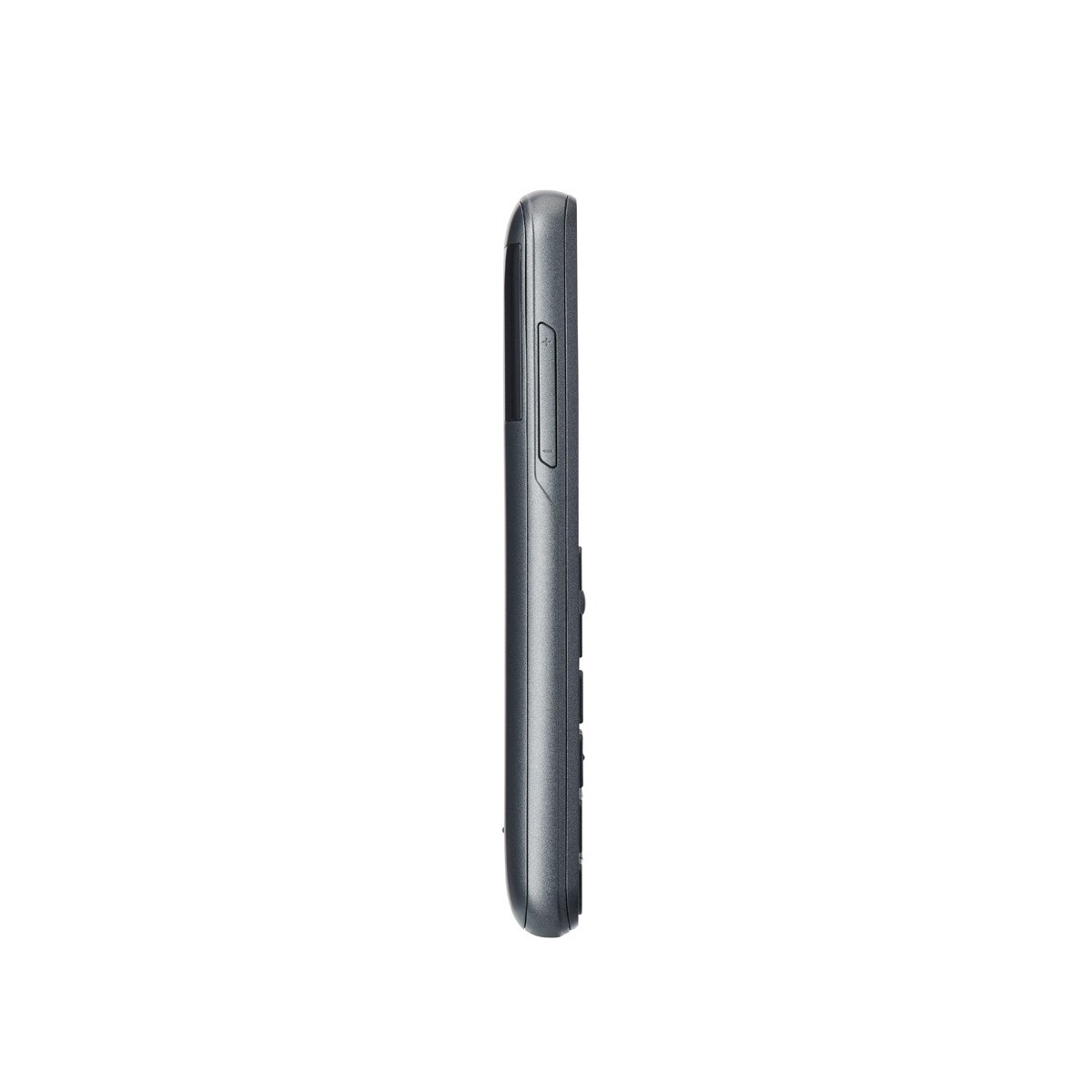 Graues Mobiltelefon im Profil auf weißem Hintergrund.