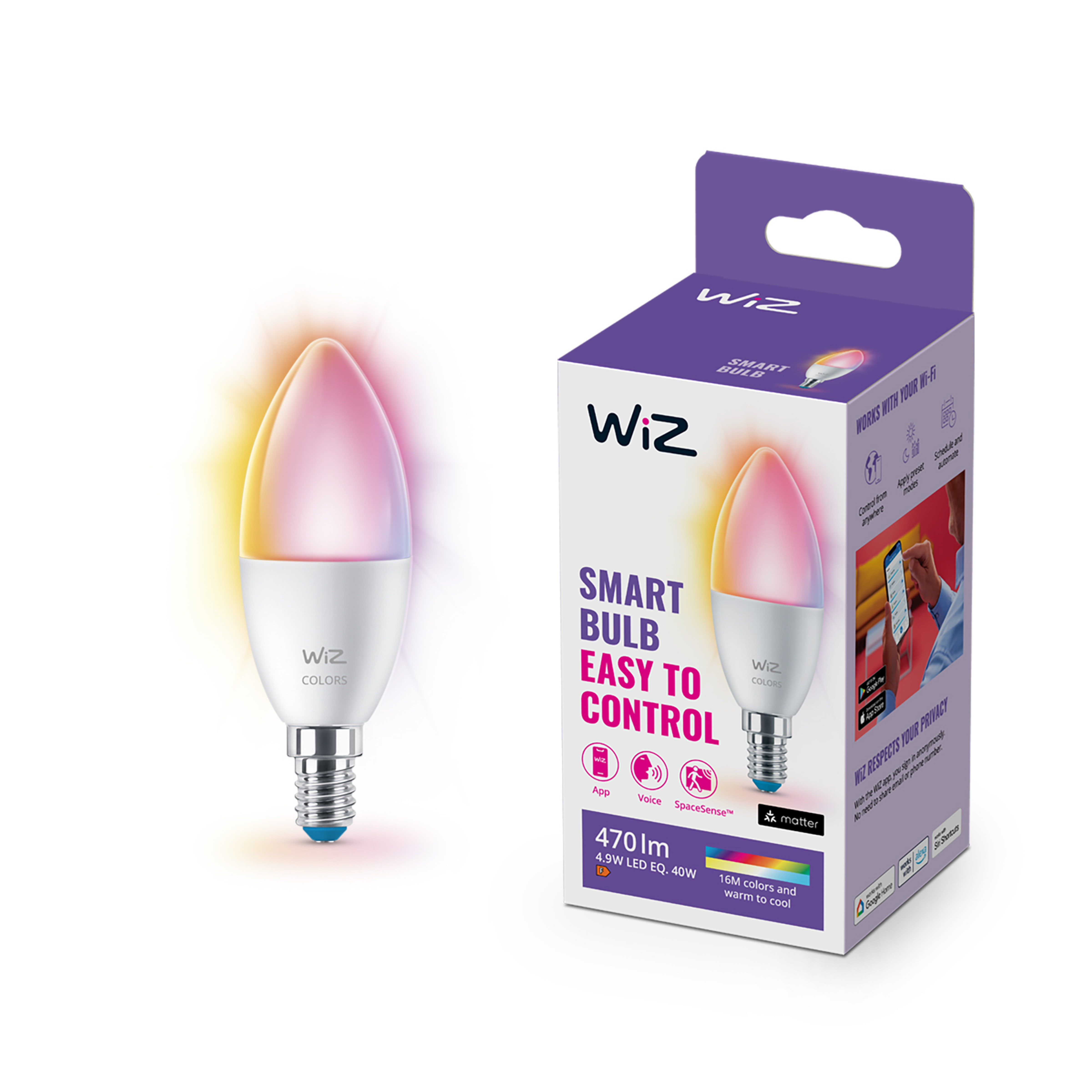 Eine smarte Wiz-Lampe mit Farbwechsel und eine lilafarbene Verpackung.
