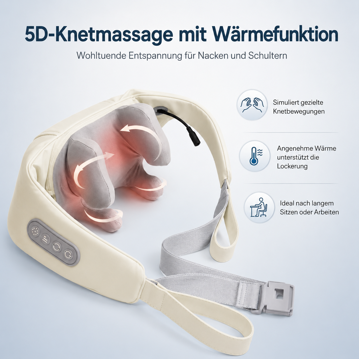 Beige Nackenmassagegerät mit rotierenden Köpfen und Wärme.