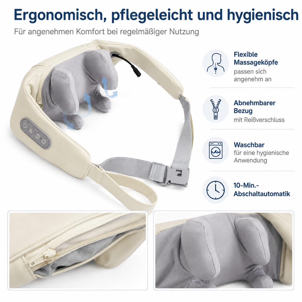 Beige Nackenmassagegerät mit Bedienelementen und abnehmbarem Bezug.