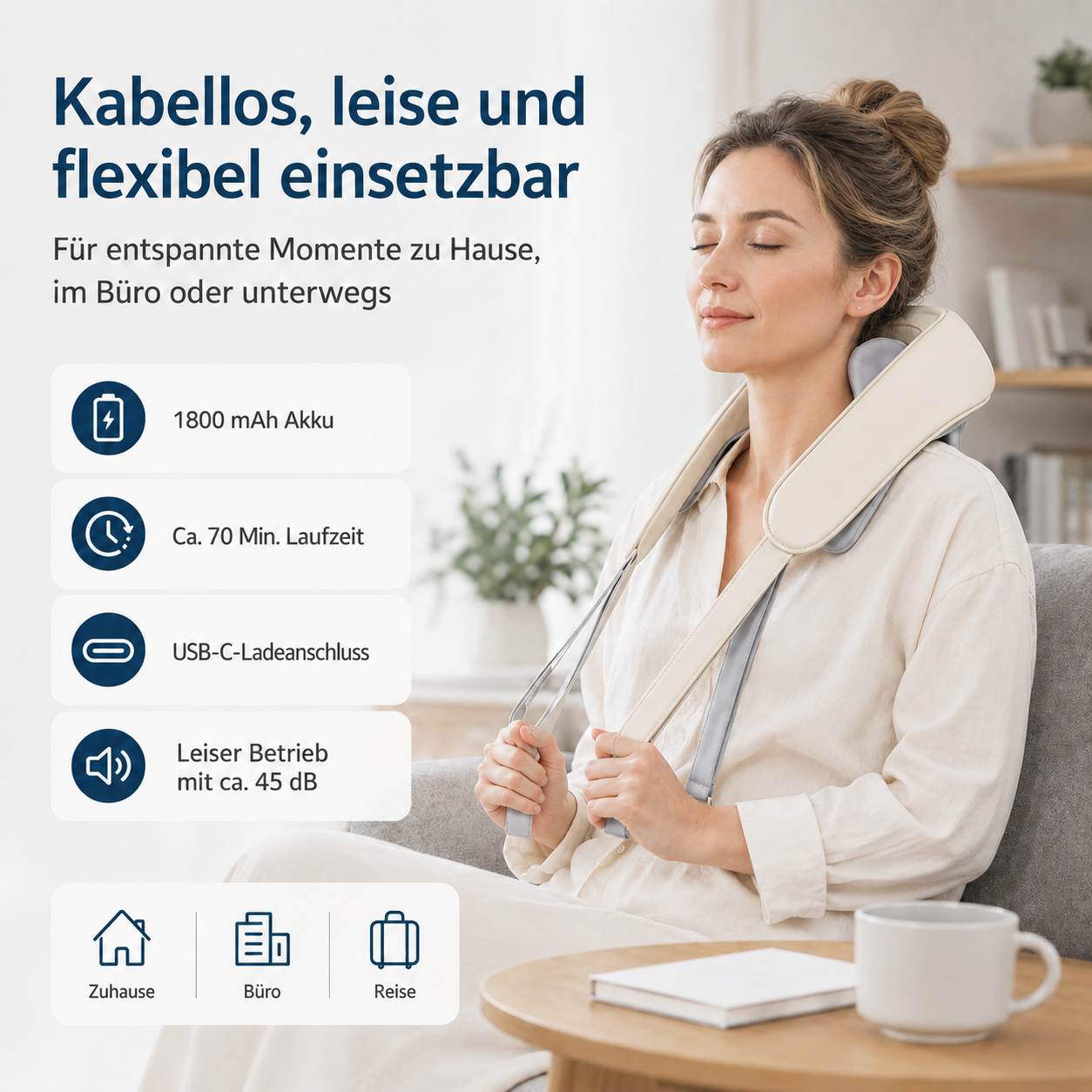 Frau entspannt mit Nackenmassagegerät. Infos zu Akku, Laufzeit, Ladeanschluss.