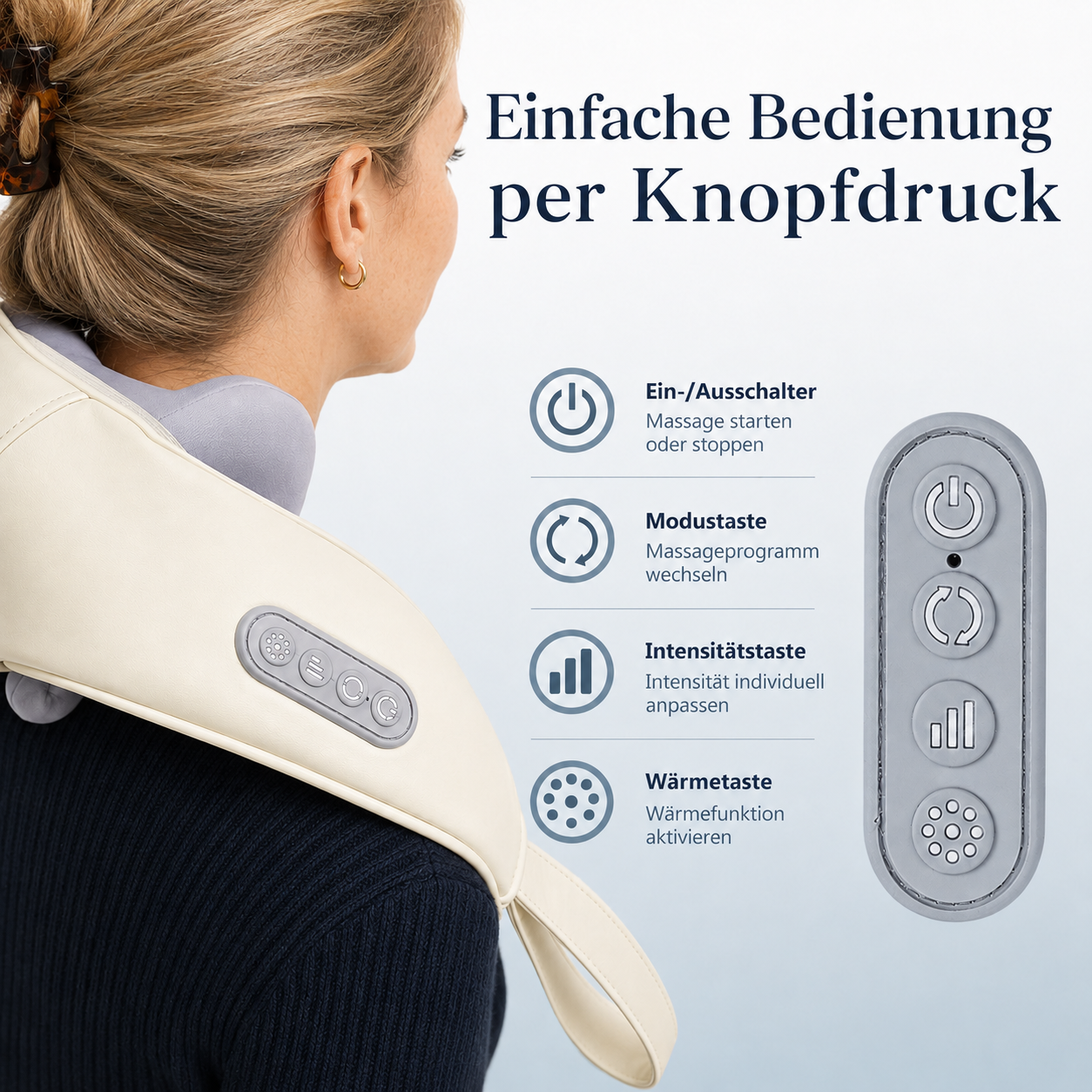 Frau mit Nackenmassagegerät, das einfache Tastenbedienung zeigt.
