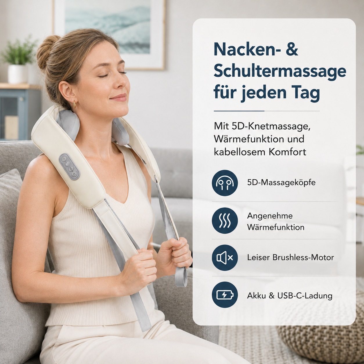 Frau genießt Nackenmassagegerät mit 5D-Köpfen, Wärme, leisem Motor.