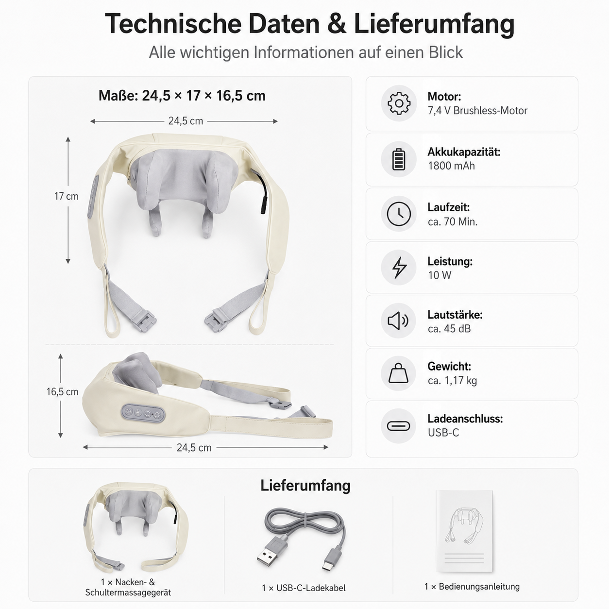 Technische Daten und Lieferumfang eines Nackenmassagegeräts mit USB-C-Kabel.